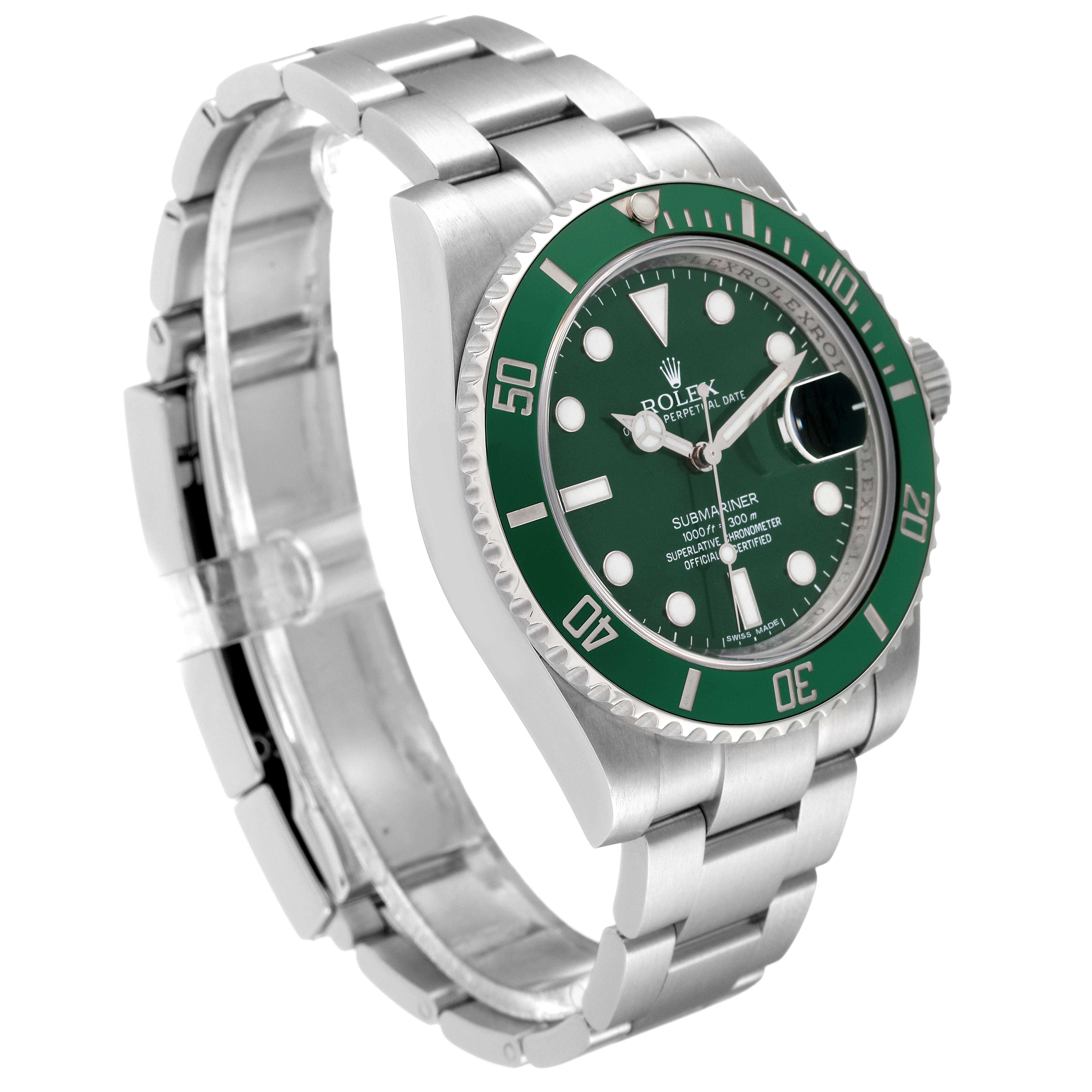 This image shows a Rolex Submariner 116610LV Men
s Stainless Steel Green Dial 116610LV Men
s Stainless Steel Green Dial watch angled to display the green dial, bezel, and part of the stainless steel bracelet.