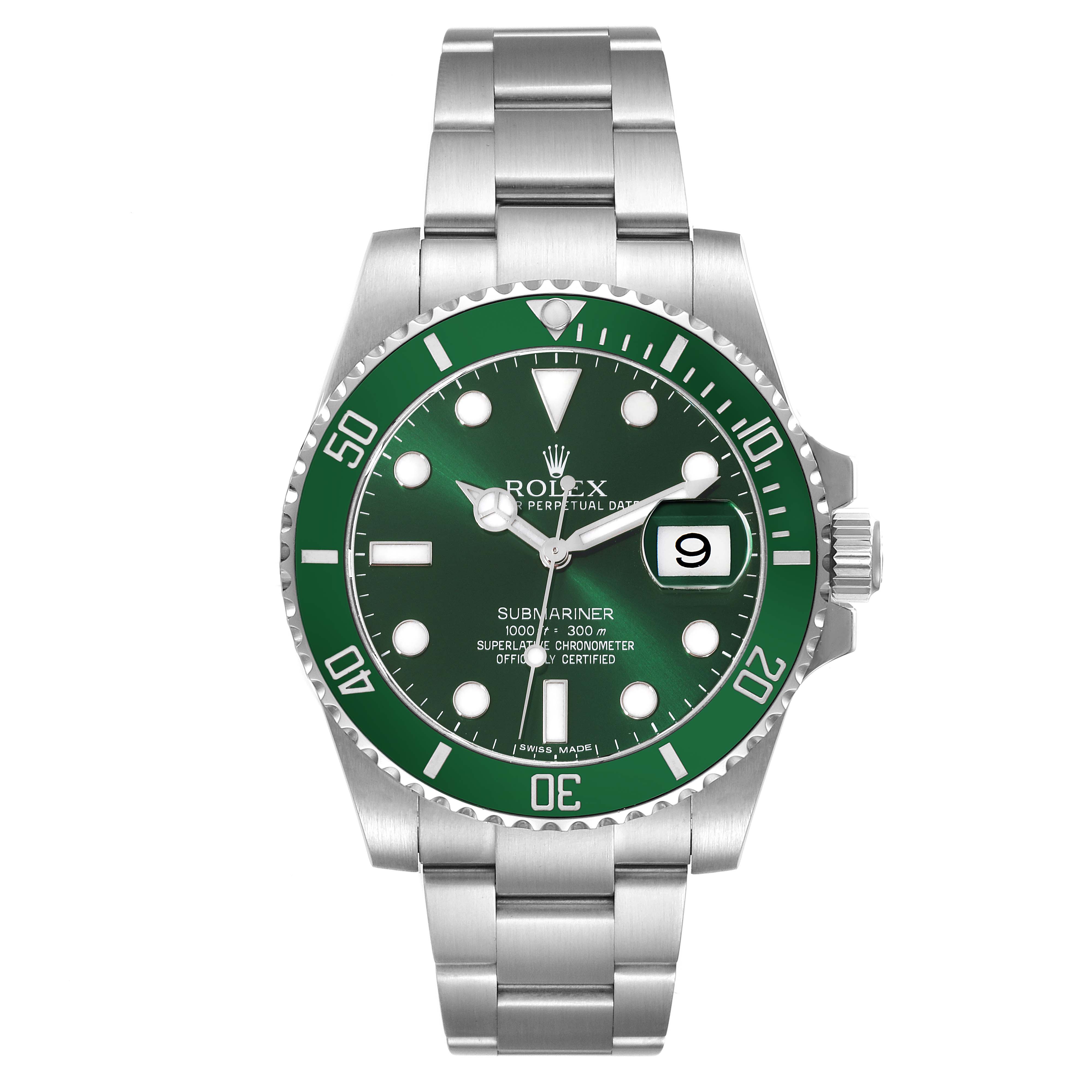 The image shows a front view of a Rolex Submariner 116610LV Men
s Stainless Steel Green Dial 116610LV Men
s Stainless Steel Green Dial watch with a green dial and bezel.