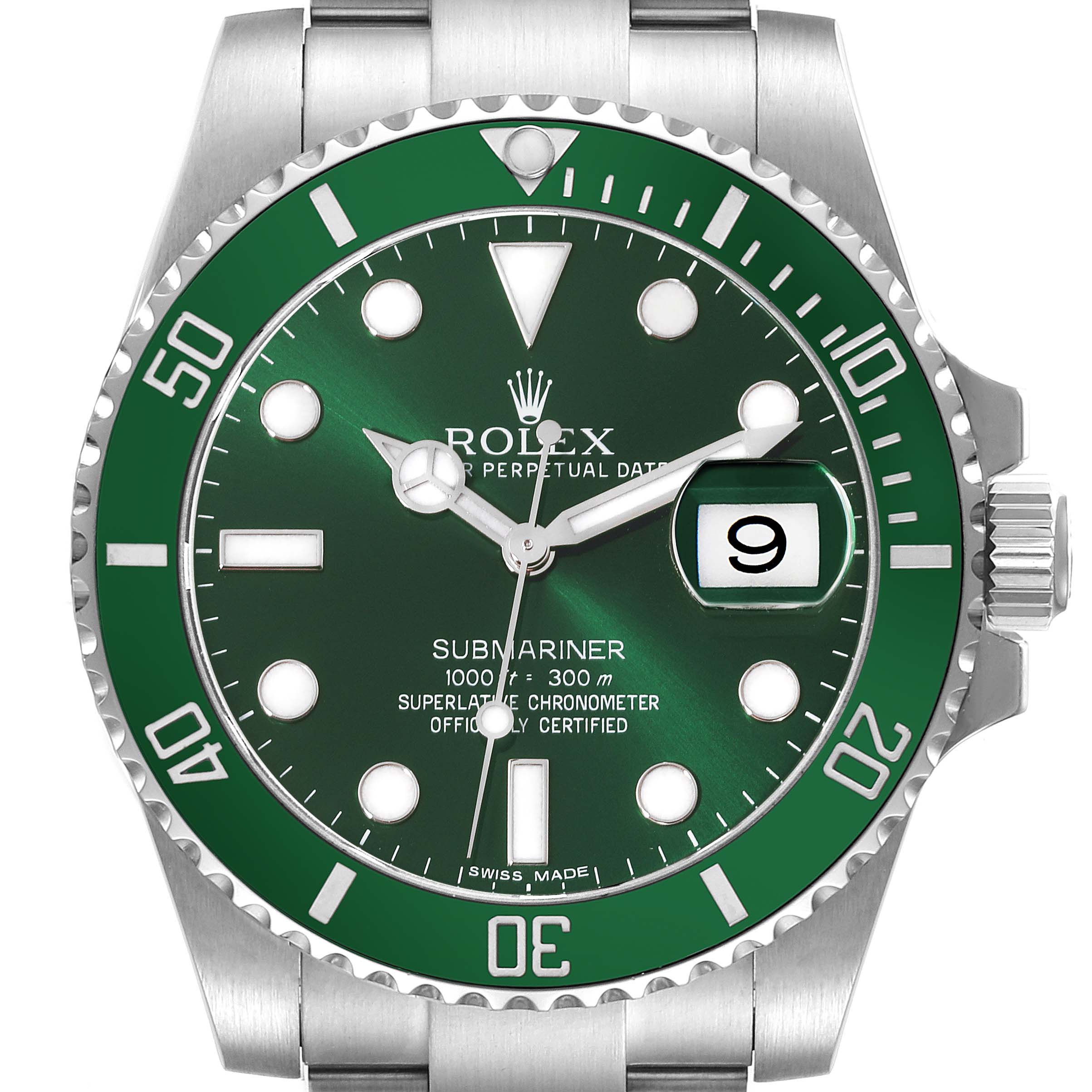 The image shows a front view of the Submariner watch by Rolex, highlighting the green dial, bezel, and date window.