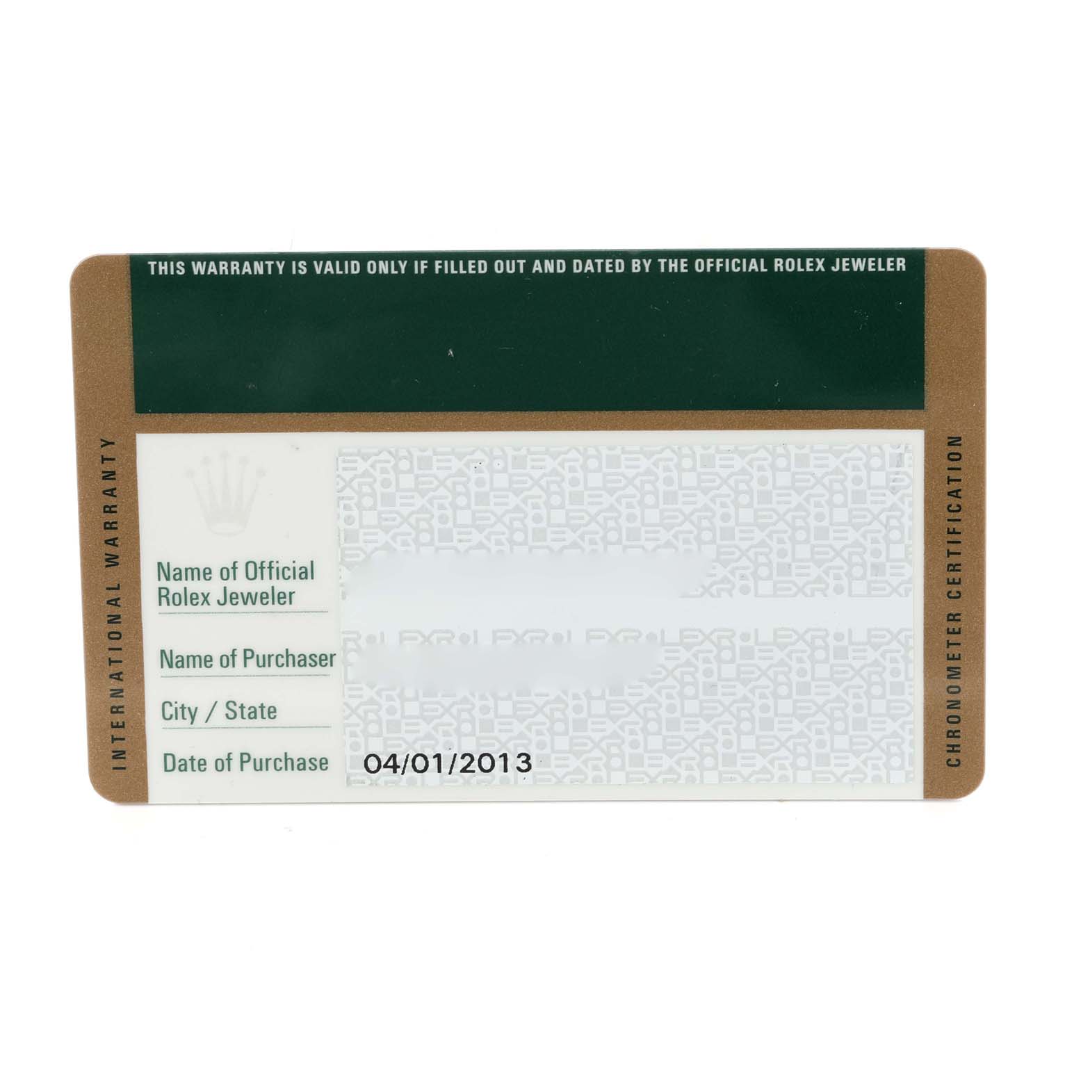 This image shows an official Rolex warranty card for a Rolex Submariner 116610LV Men
s Stainless Steel Green Dial 116610LV Men
s Stainless Steel Green Dial, with purchase details and a date of 04/01/2013.
