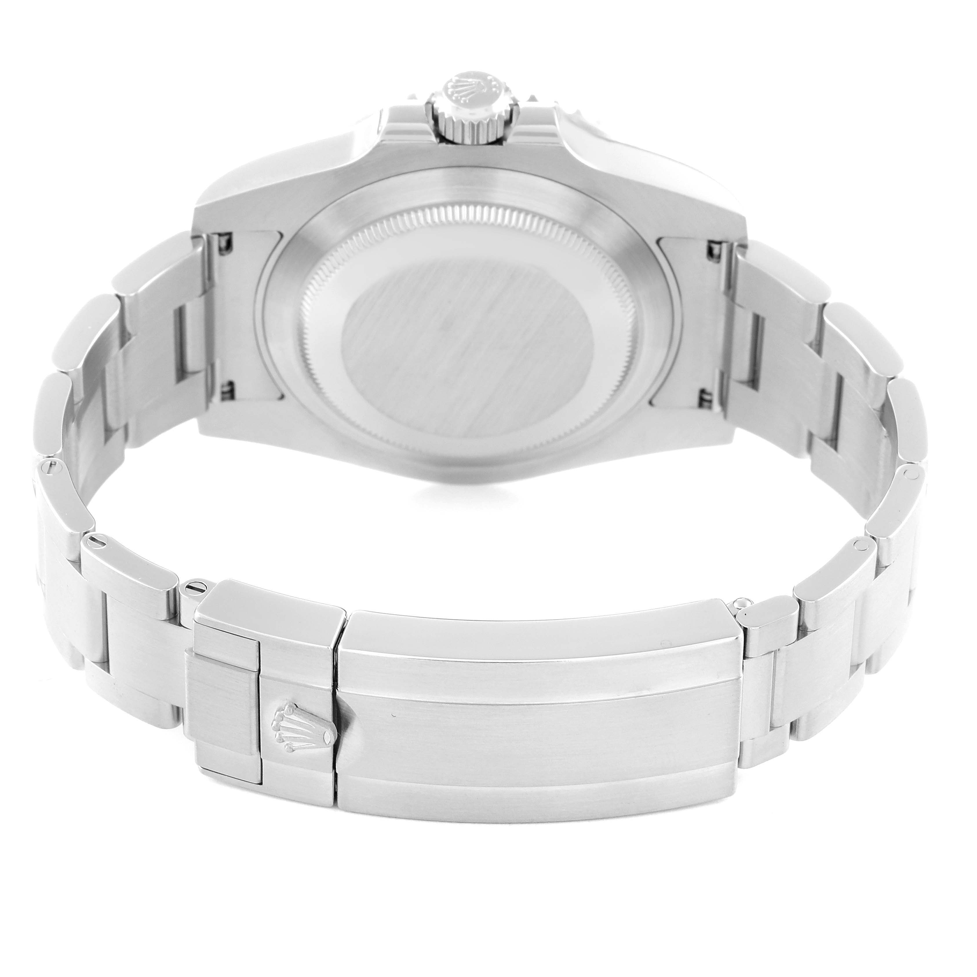 The image shows the back view of the Rolex Submariner 116610LV Men
s Stainless Steel Green Dial 116610LV Men
s Stainless Steel Green Dial watch, highlighting its case back and bracelet clasp.