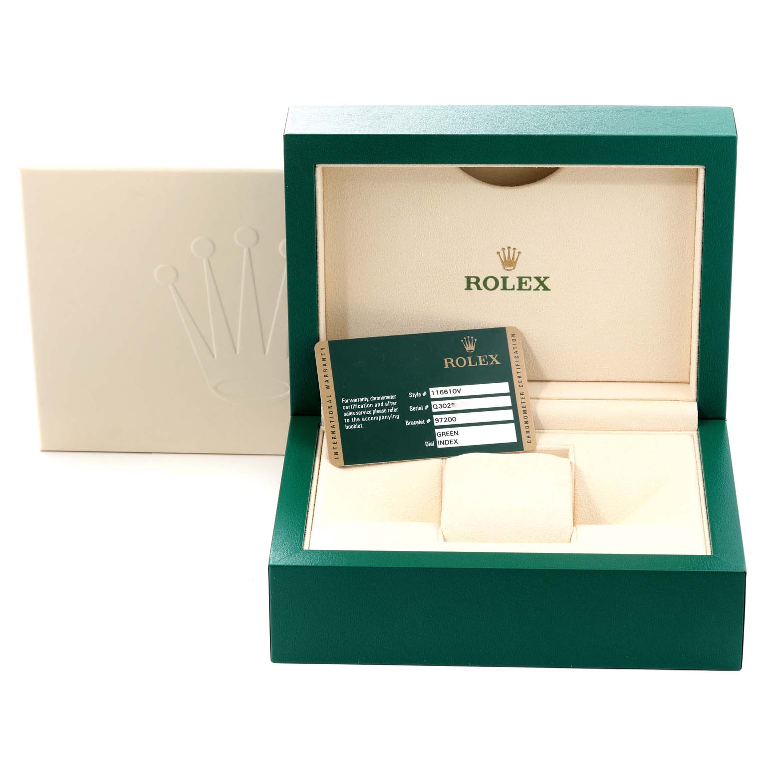 This image shows an open box for a Rolex Submariner 116610LV Men
s Stainless Steel Green Dial 116610LV Men
s Stainless Steel Green Dial, including a certification card, angled slightly from the front.
