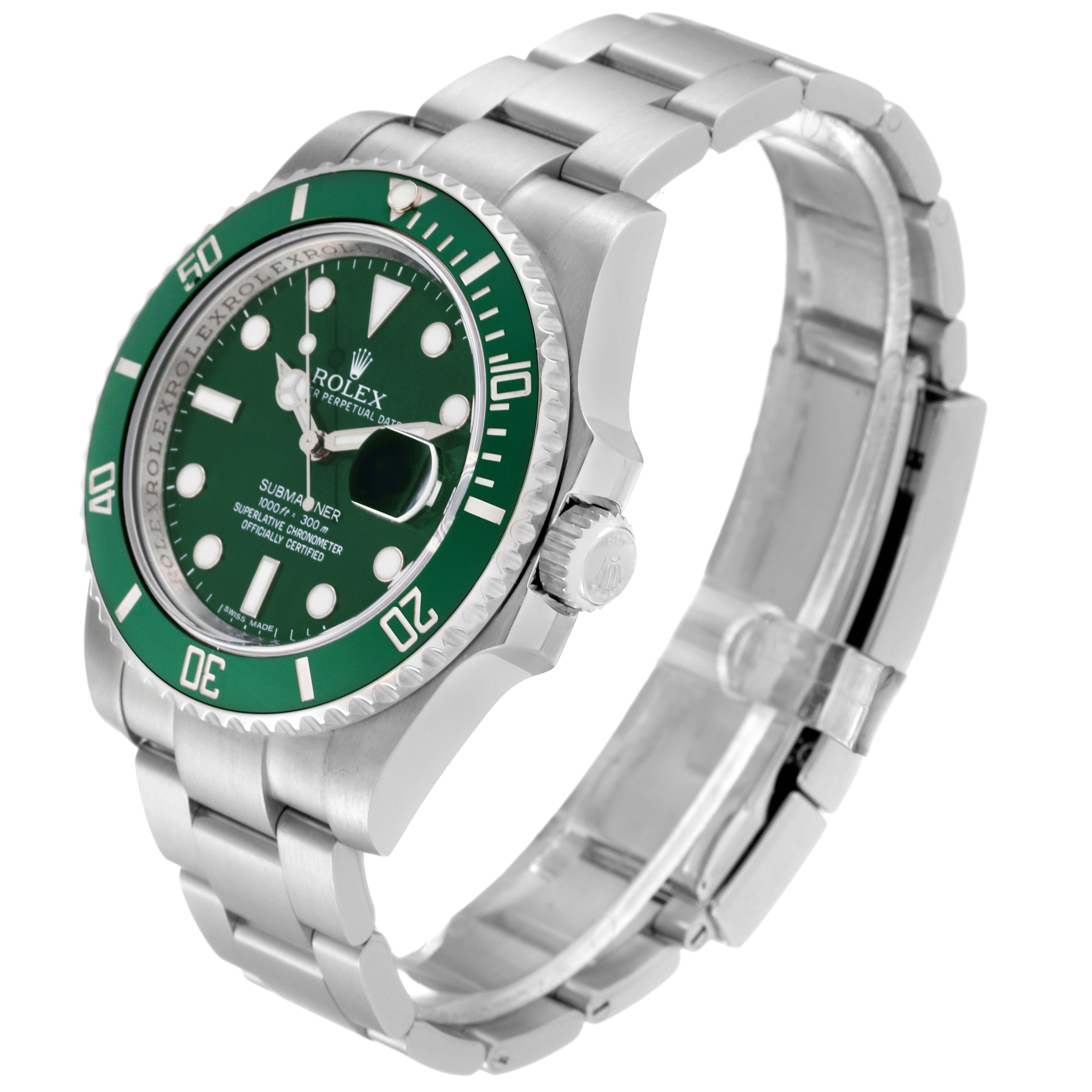 The Rolex Submariner 116610LV Men
s Stainless Steel Green Dial 116610LV Men
s Stainless Steel Green Dial watch is shown in a three-quarter front angle, highlighting its face, bezel, crown, and bracelet.