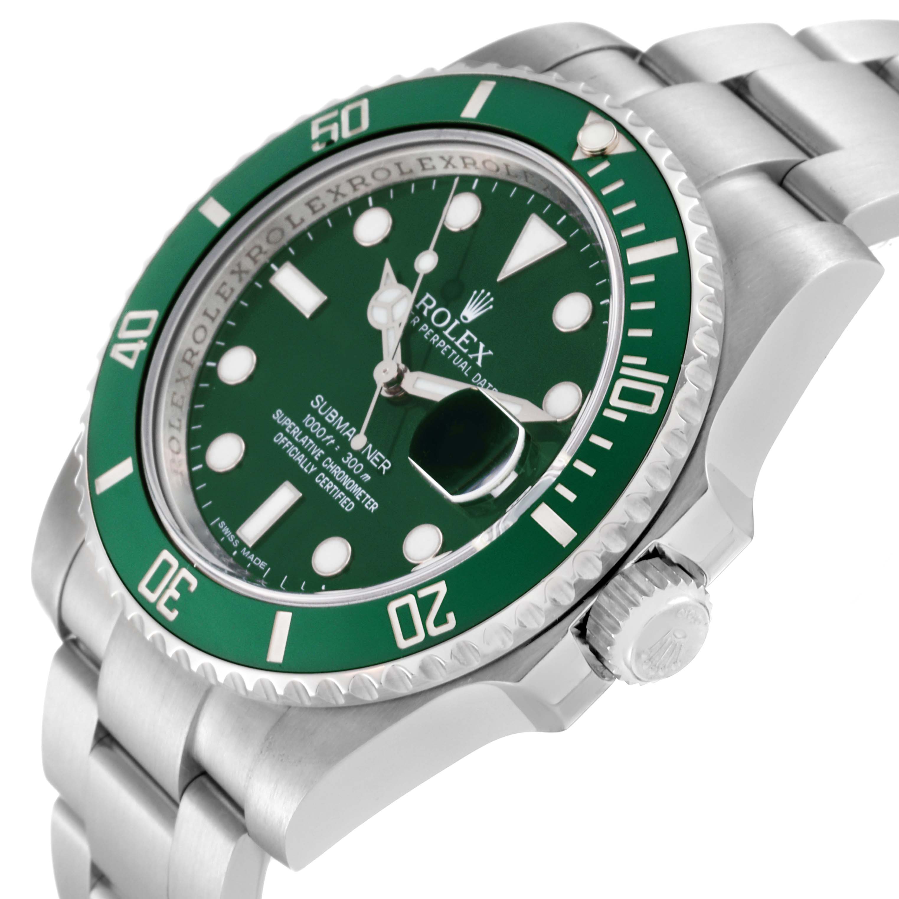 This Rolex Submariner 116610LV Men
s Stainless Steel Green Dial 116610LV Men
s Stainless Steel Green Dial watch is shown at an angled view, highlighting the green bezel, dial, and the crown on the side.
