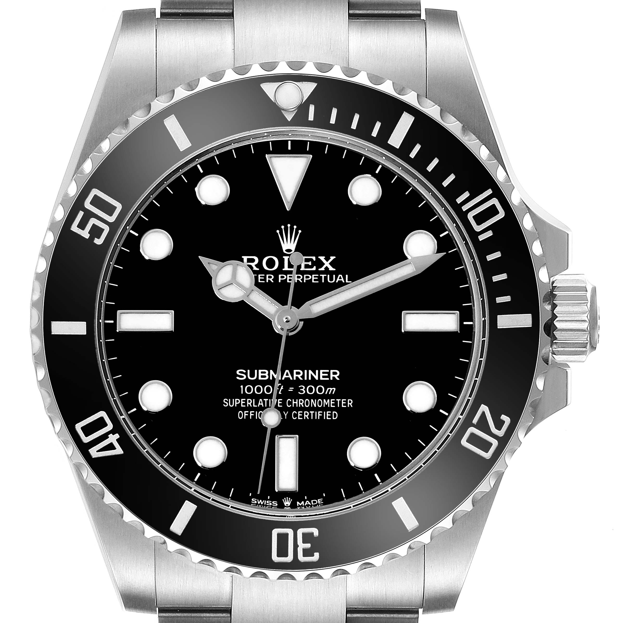 This image shows a frontal view of the Rolex Submariner 124060 Men
s Stainless Steel Black Dial 124060 Men
s Stainless Steel Black Dial watch, displaying its dial, bezel, hands, and crown.