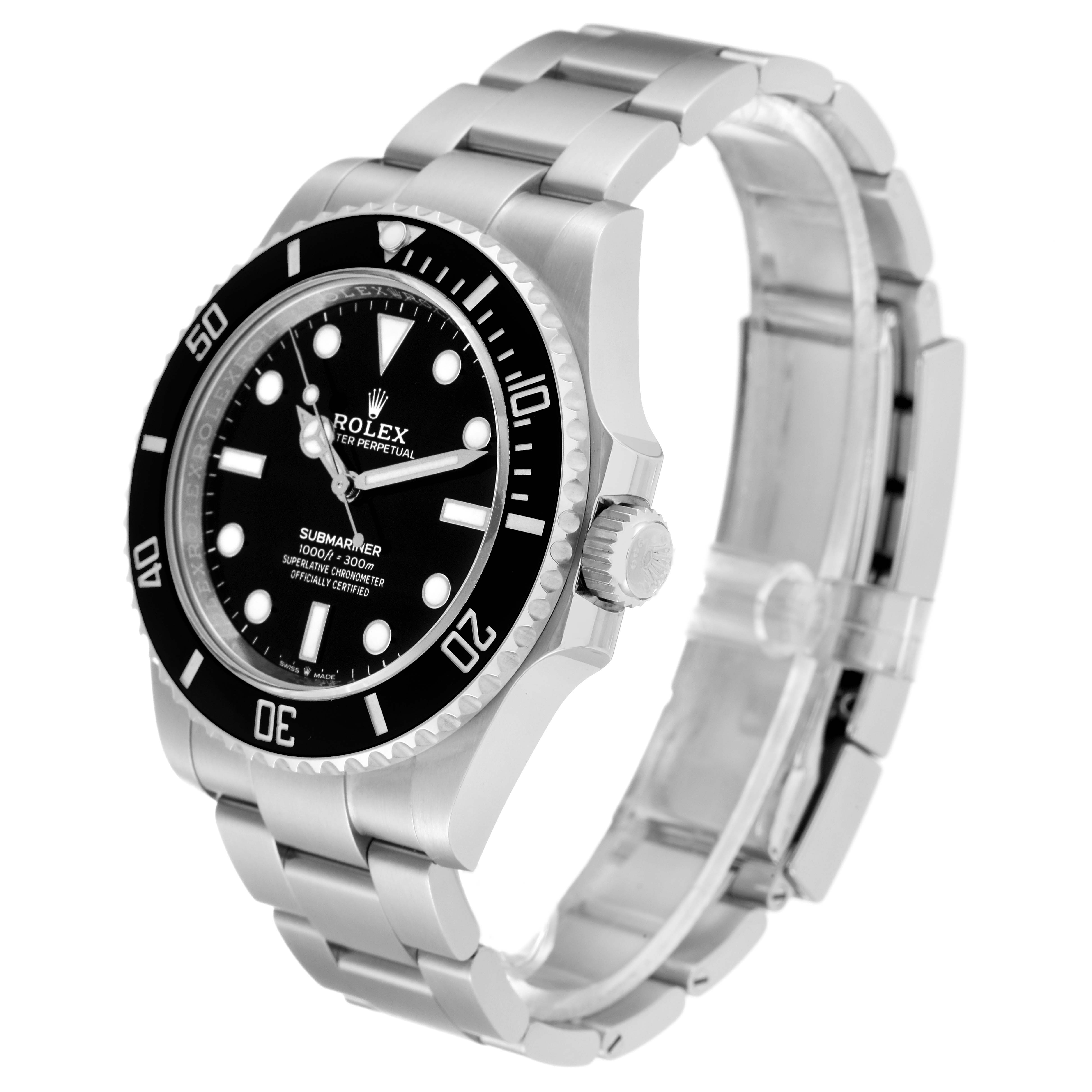 The image shows a side view of the Rolex Submariner 124060 Men
s Stainless Steel Black Dial 124060 Men
s Stainless Steel Black Dial watch, featuring its bezel, crown, dial, and stainless steel bracelet.