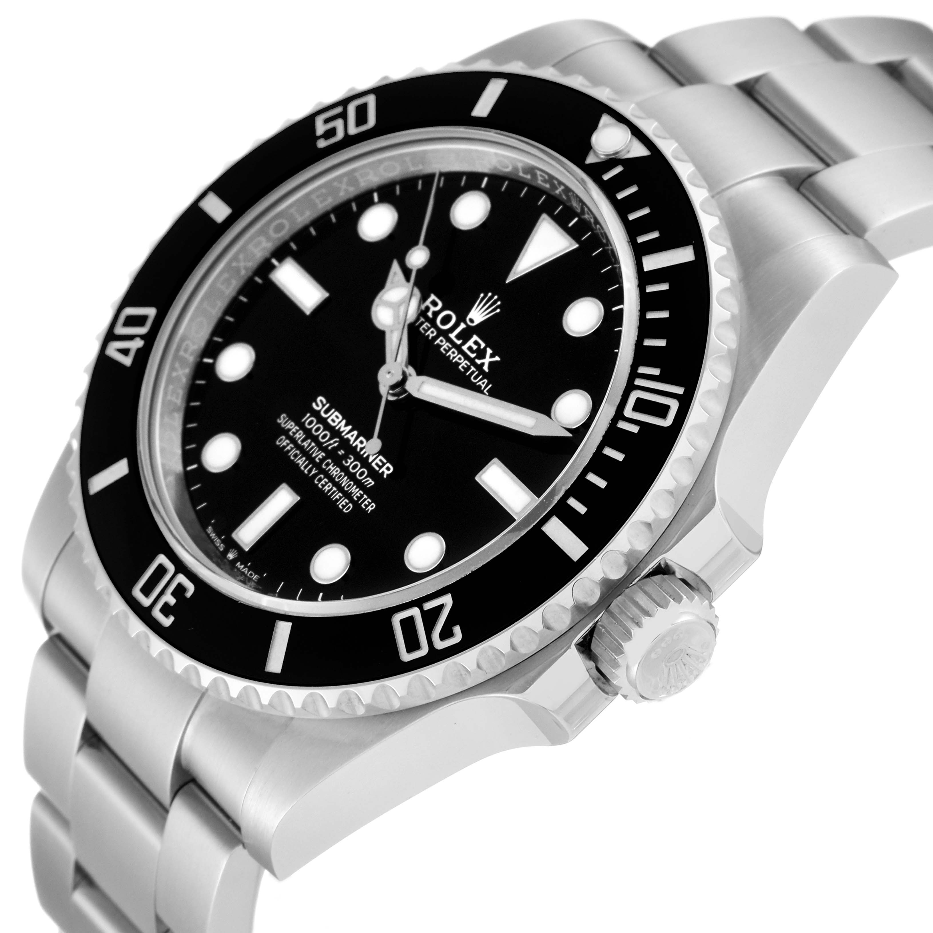 The image shows a Rolex Submariner 124060 Men
s Stainless Steel Black Dial 124060 Men
s Stainless Steel Black Dial from an angle emphasizing the dial, bezel, crown, and part of the bracelet.