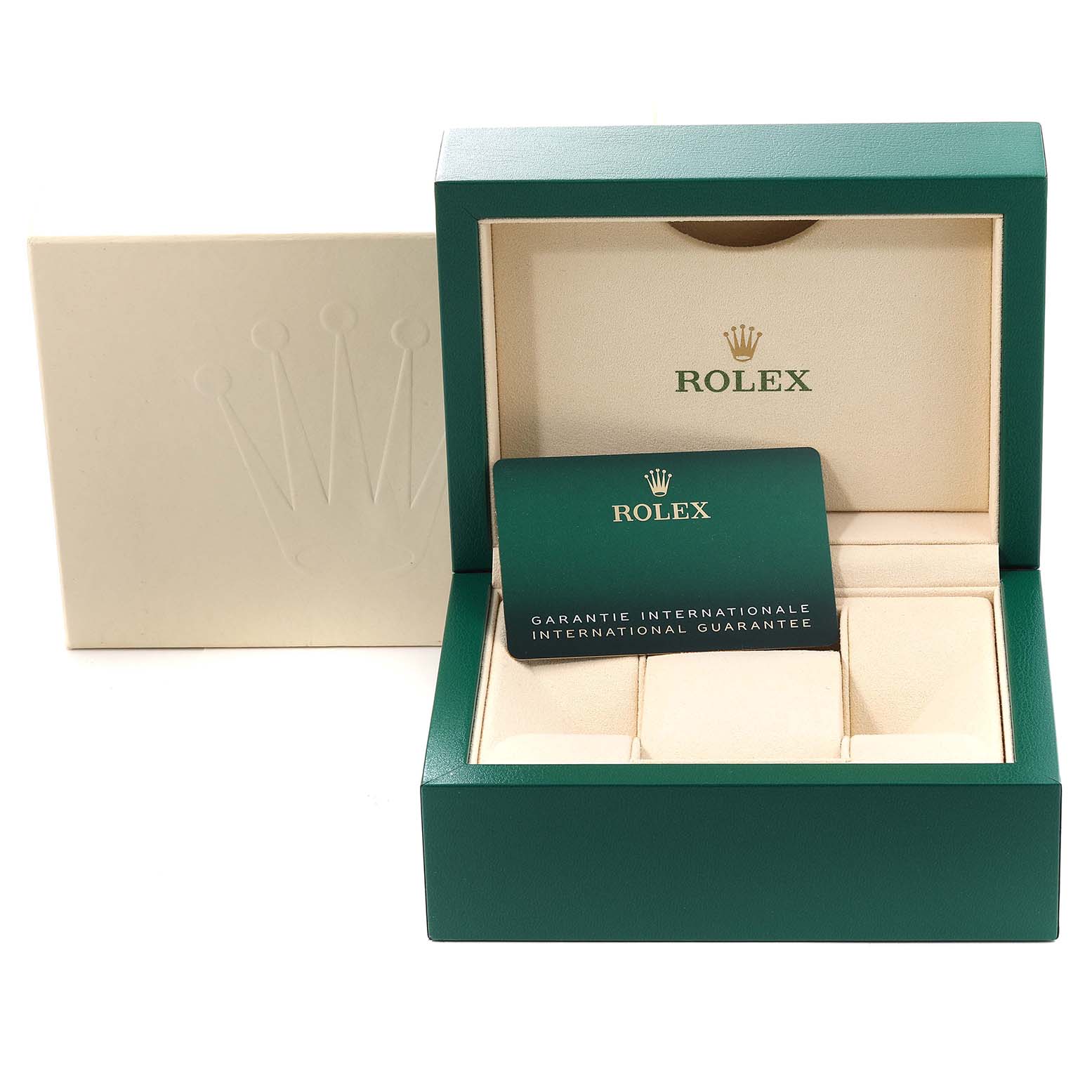 The image shows the open box and guarantee card for a Rolex Submariner 124060 Men
s Stainless Steel Black Dial 124060 Men
s Stainless Steel Black Dial, displayed from a front angle.