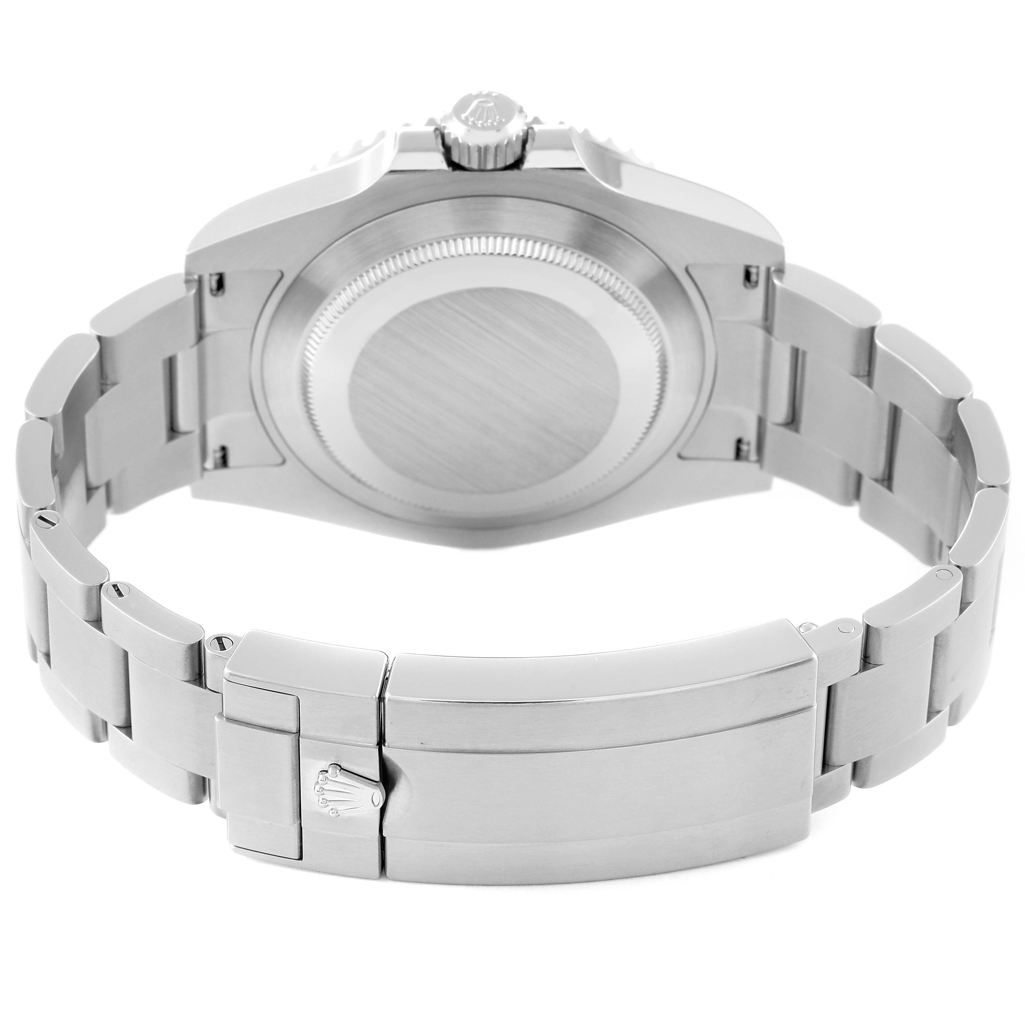 This is a rear view of the Rolex Submariner 124060 Men
s Stainless Steel Black Dial 124060 Men
s Stainless Steel Black Dial watch, showing the case back, crown, and metal bracelet.