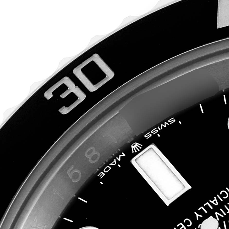 This close-up angle shows the bezel and part of the dial of the Rolex Submariner 124060 Men
s Stainless Steel Black Dial 124060 Men
s Stainless Steel Black Dial watch.