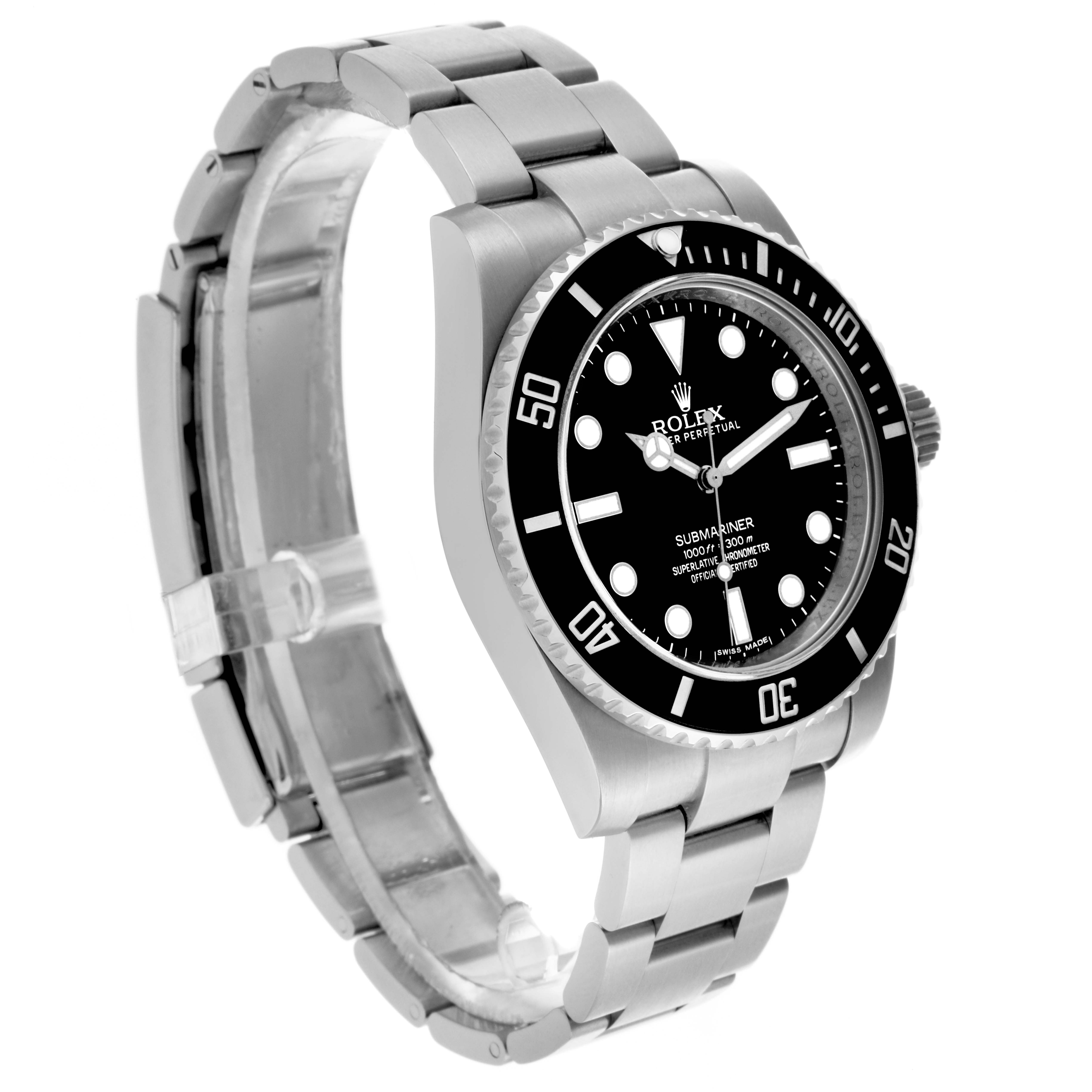 The Rolex Submariner 114060 Men's Stainless Steel Black Dial 114060 Men's Stainless Steel Black Dial is shown at a side angle, highlighting the face, bezel, and bracelet.