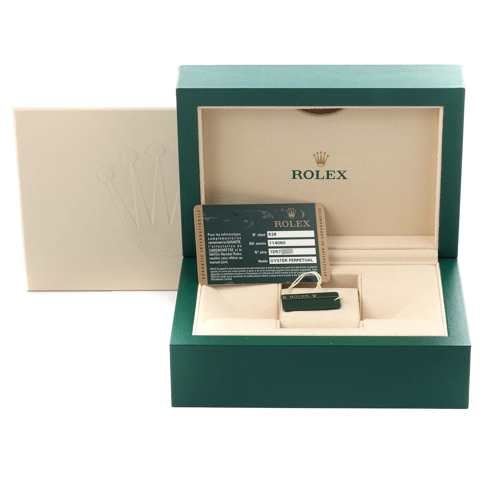 The image shows a Rolex Submariner 114060 Men's Stainless Steel Black Dial 114060 Men's Stainless Steel Black Dial box with a warranty card and tag inside, viewed from above.