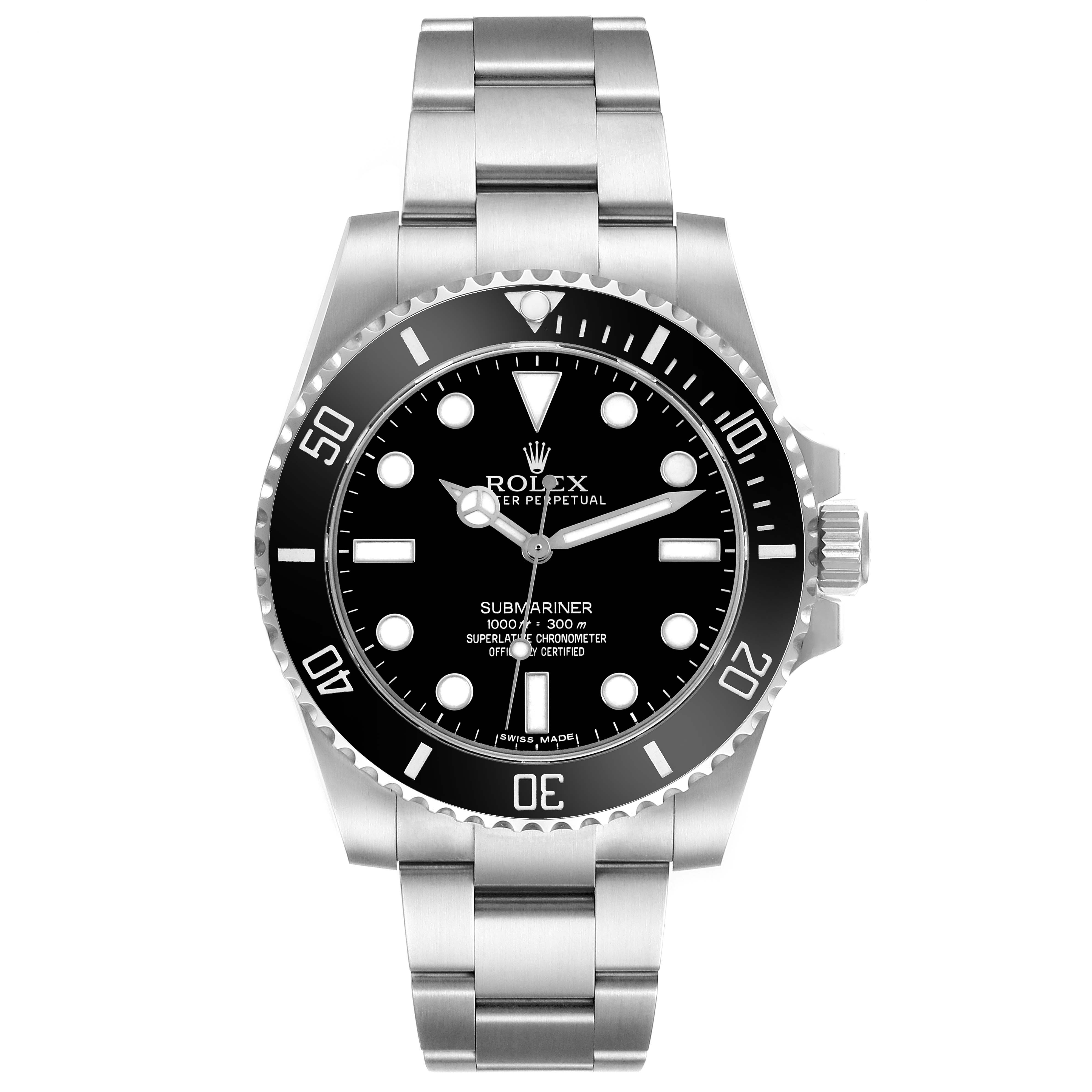 The Rolex Submariner 114060 Men's Stainless Steel Black Dial 114060 Men's Stainless Steel Black Dial is shown from a front angle, displaying its dial, bezel, and metal bracelet.