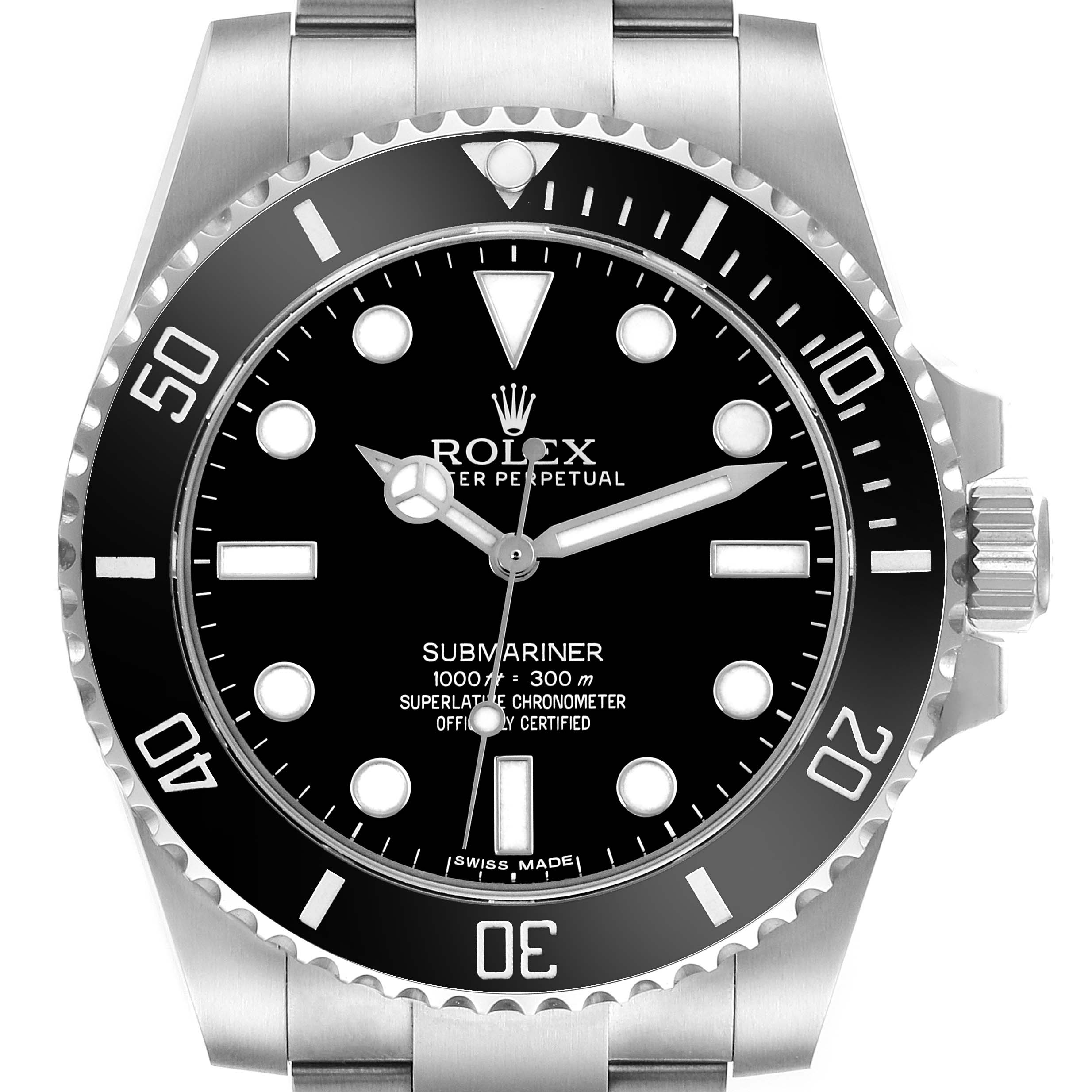 The Rolex Submariner 114060 Men's Stainless Steel Black Dial 114060 Men's Stainless Steel Black Dial watch is shown from a front angle, displaying the dial, bezel, crown, and part of the bracelet.
