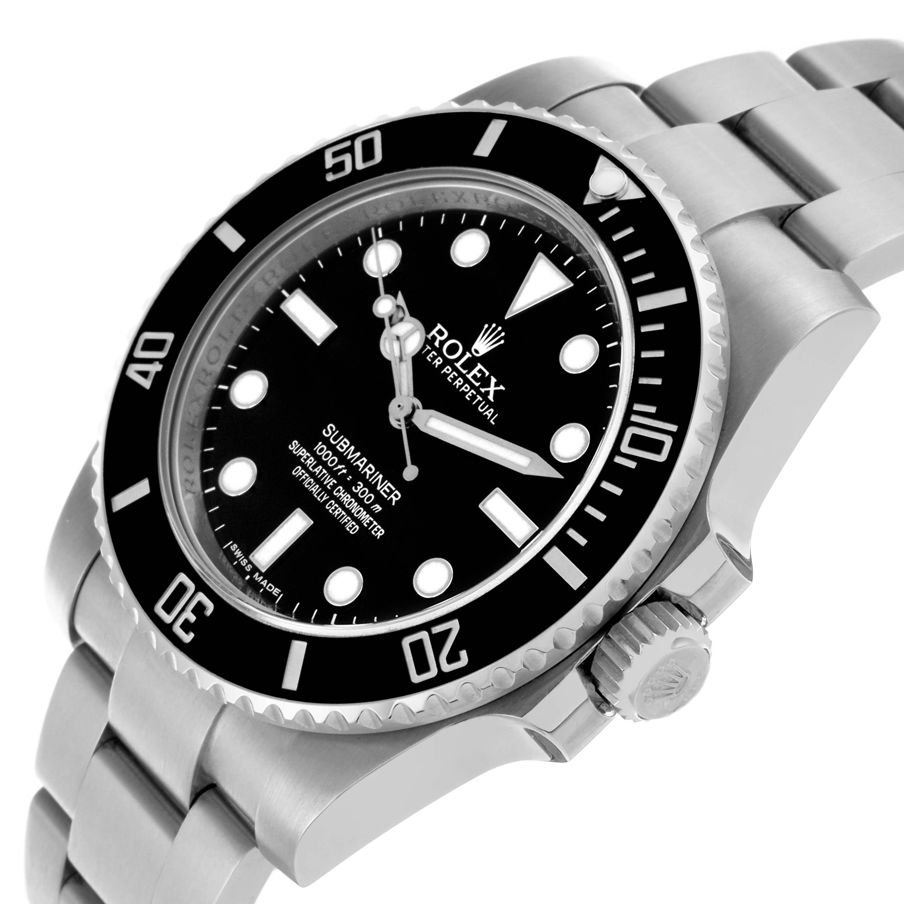 The Rolex Submariner 114060 Men's Stainless Steel Black Dial 114060 Men's Stainless Steel Black Dial is shown at an angle highlighting the face, bezel, crown, and part of the bracelet.