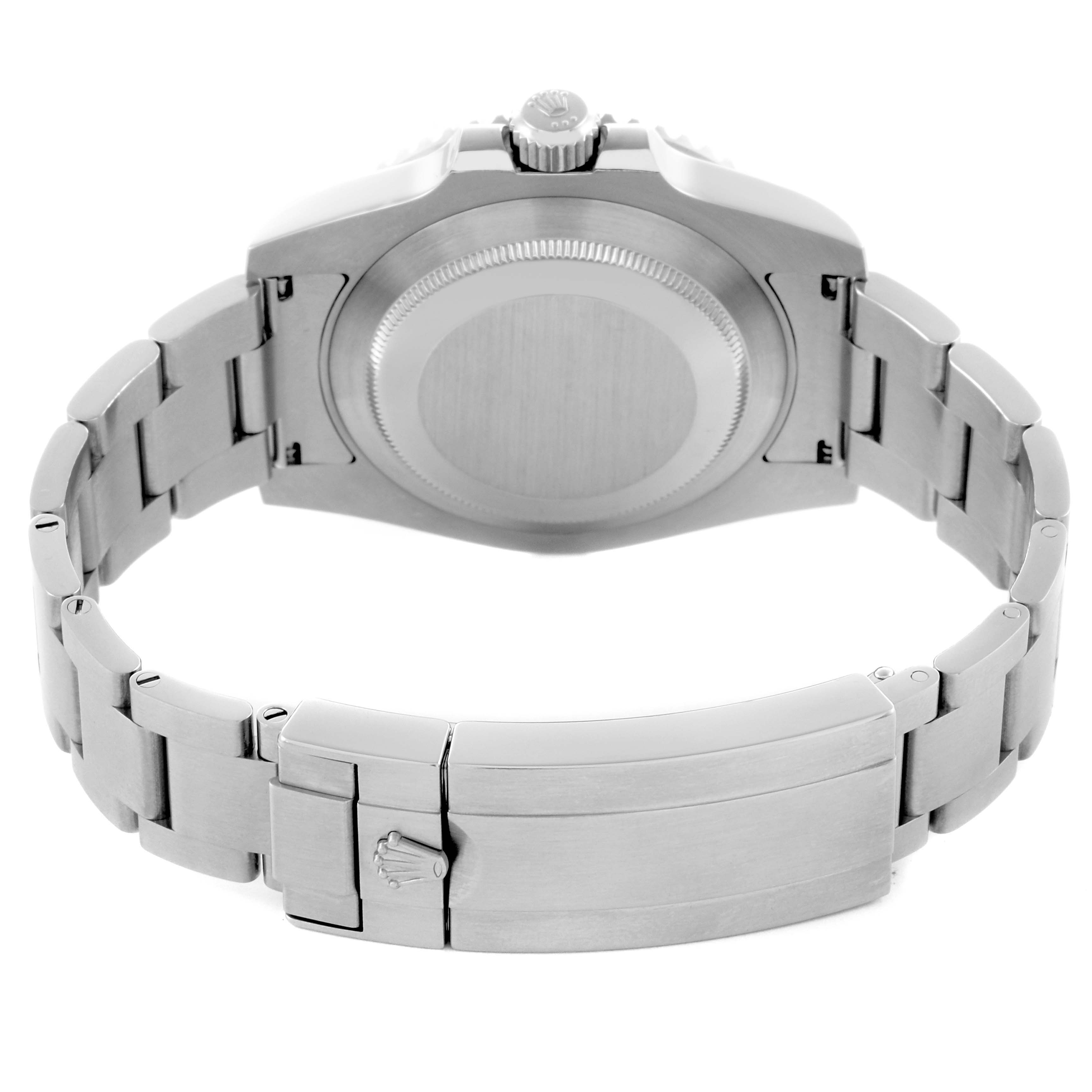 The image shows the back and bracelet of a Rolex Submariner 114060 Men's Stainless Steel Black Dial 114060 Men's Stainless Steel Black Dial, highlighting its clasp and caseback from a rear view.