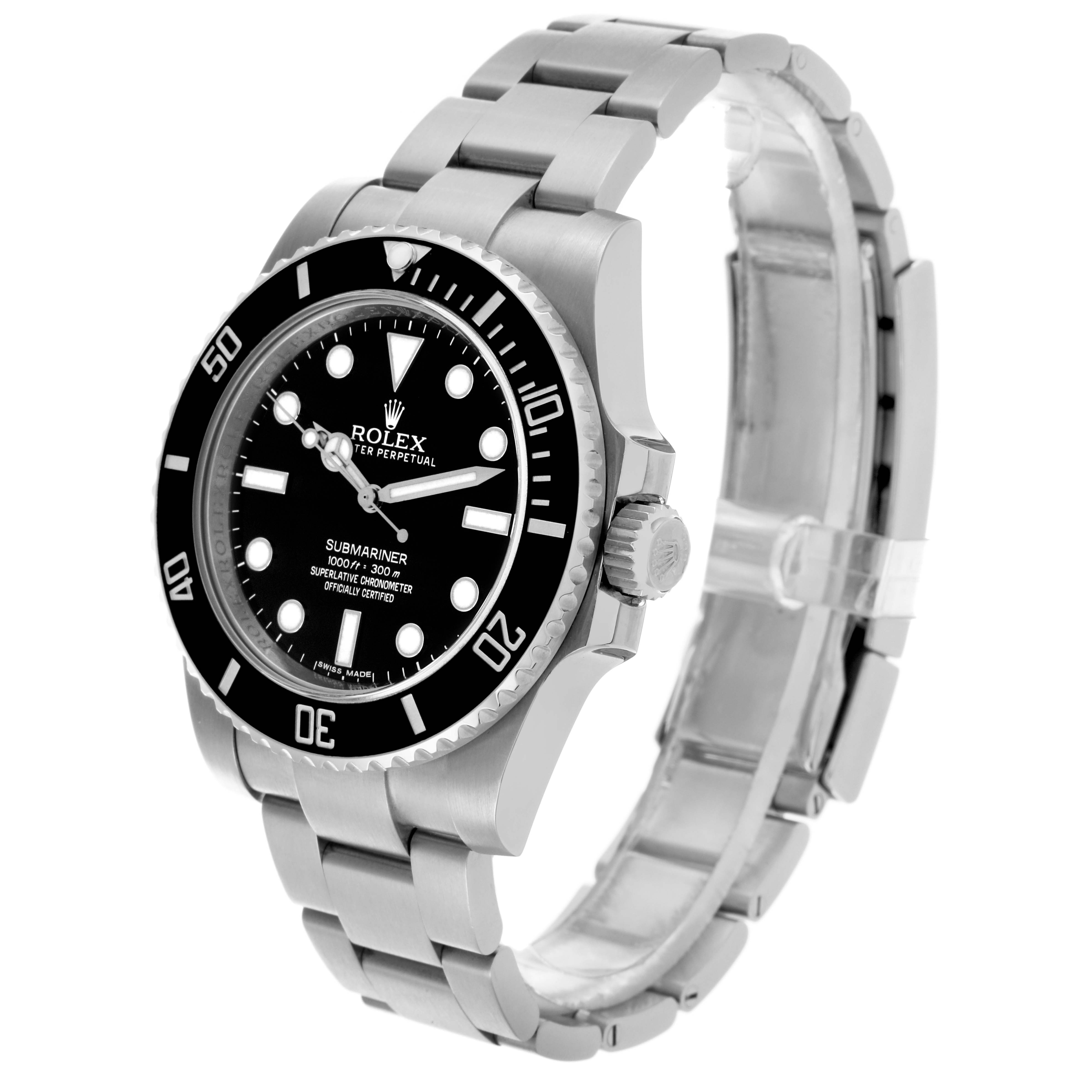 The Rolex Submariner 114060 Men's Stainless Steel Black Dial 114060 Men's Stainless Steel Black Dial model is shown at a three-quarter angle, highlighting the face, bezel, and part of the band.