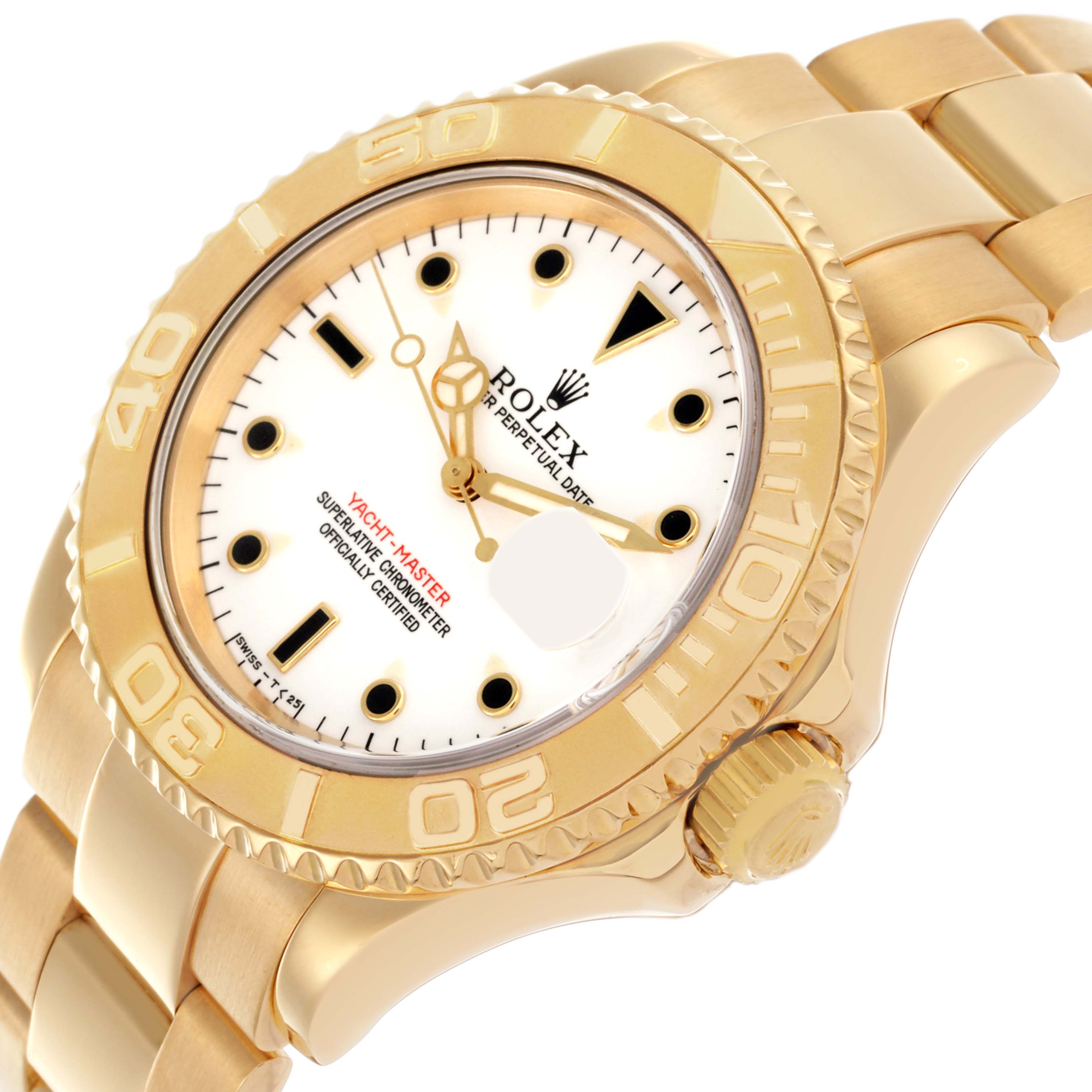 The Rolex Yacht-Master 16628 Men
s Yellow Gold White Dial 16628 Men
s Yellow Gold White Dial watch is shown at a side angle, highlighting the case, bezel, dial, crown, and part of the bracelet.