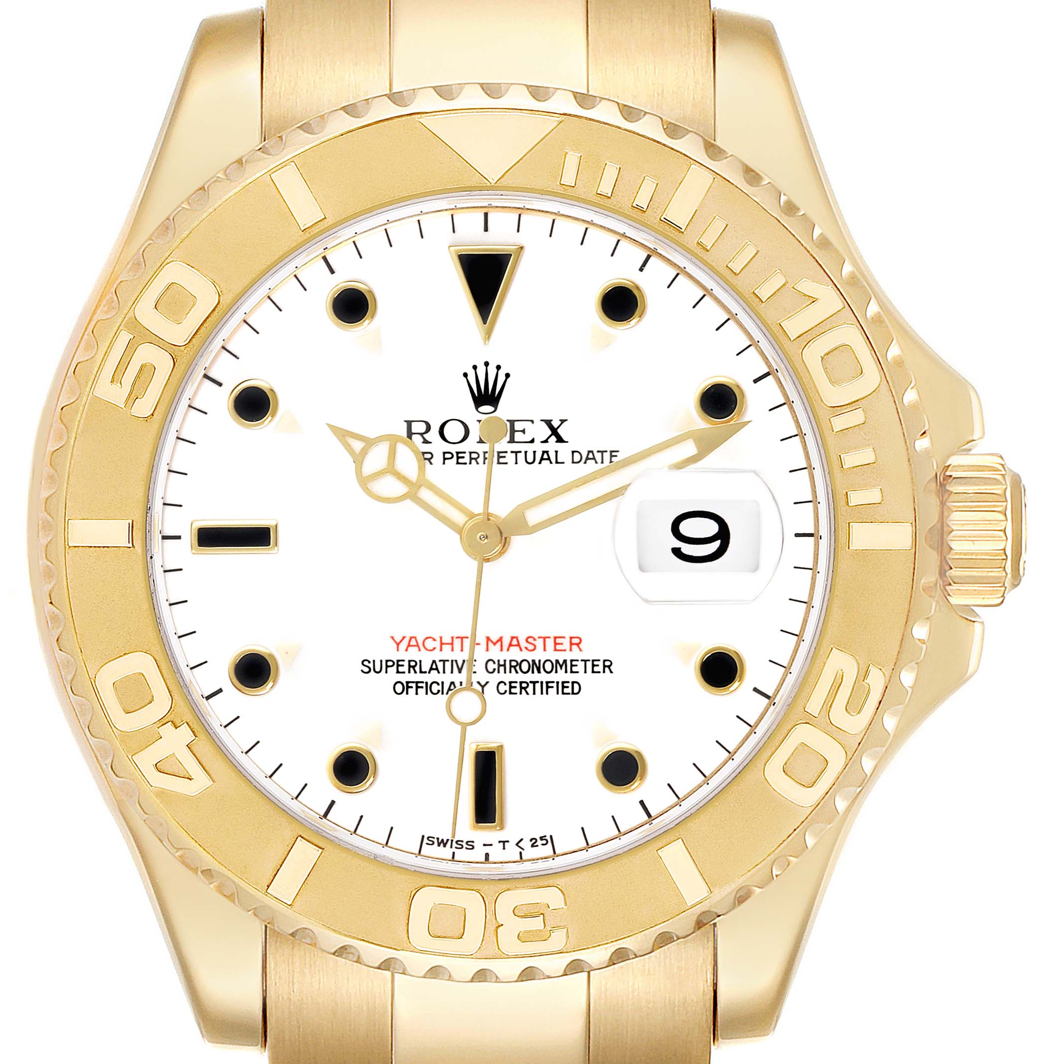 The Rolex Yacht-Master 16628 Men
s Yellow Gold White Dial 16628 Men
s Yellow Gold White Dial watch is shown from the front, displaying the dial, bezel, case, and crown.