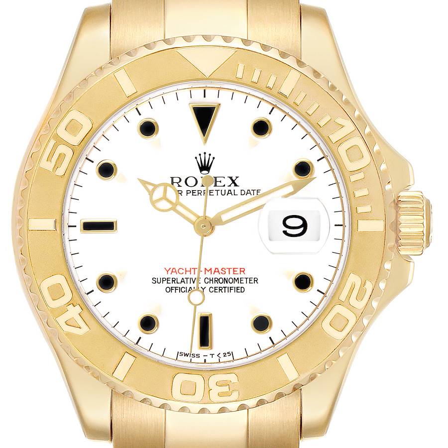 The Rolex Yacht-Master watch is shown from the front, displaying the dial, bezel, case, and crown.