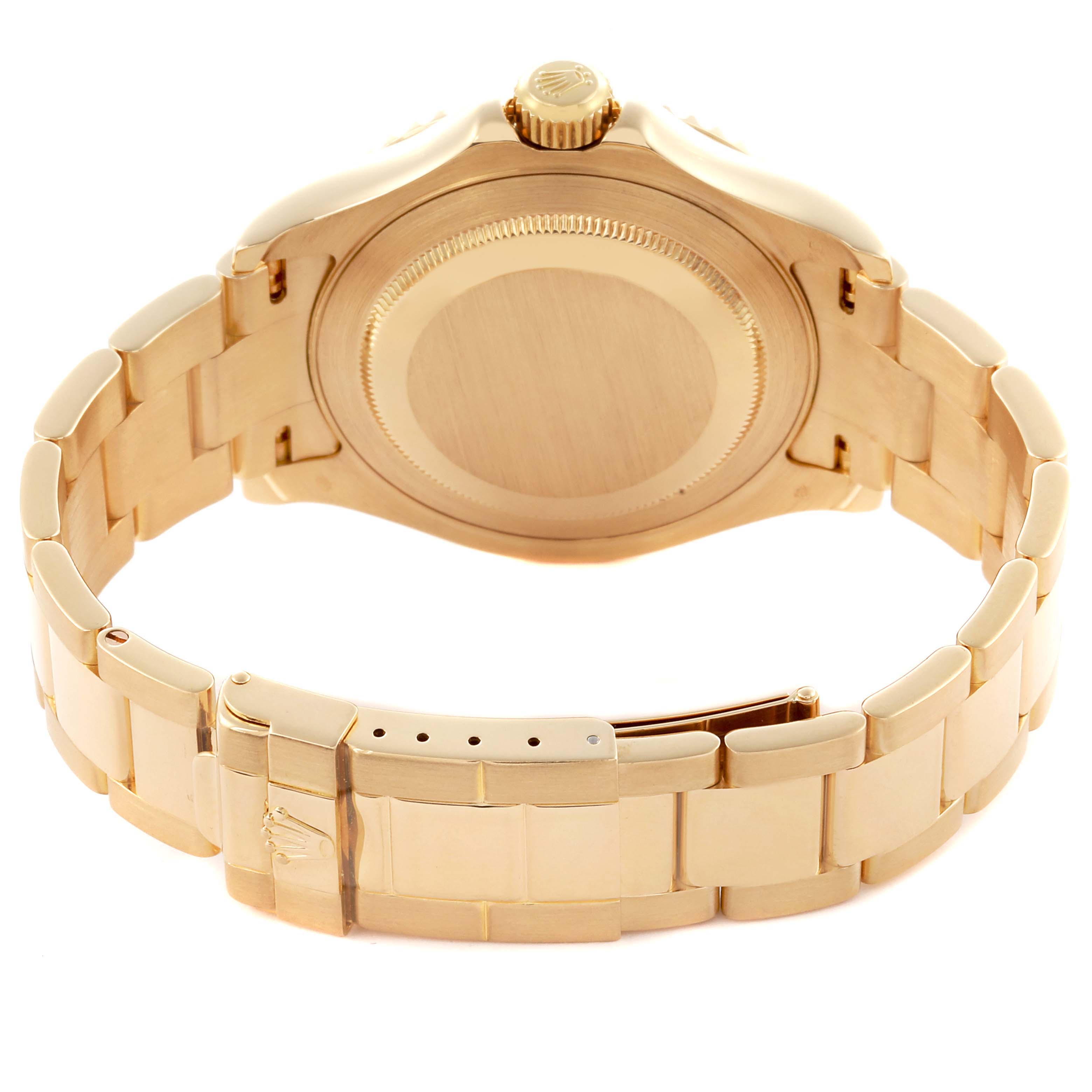 The image shows the back and bracelet of a Rolex Yacht-Master 16628 Men
s Yellow Gold White Dial 16628 Men
s Yellow Gold White Dial watch from a rear angle.