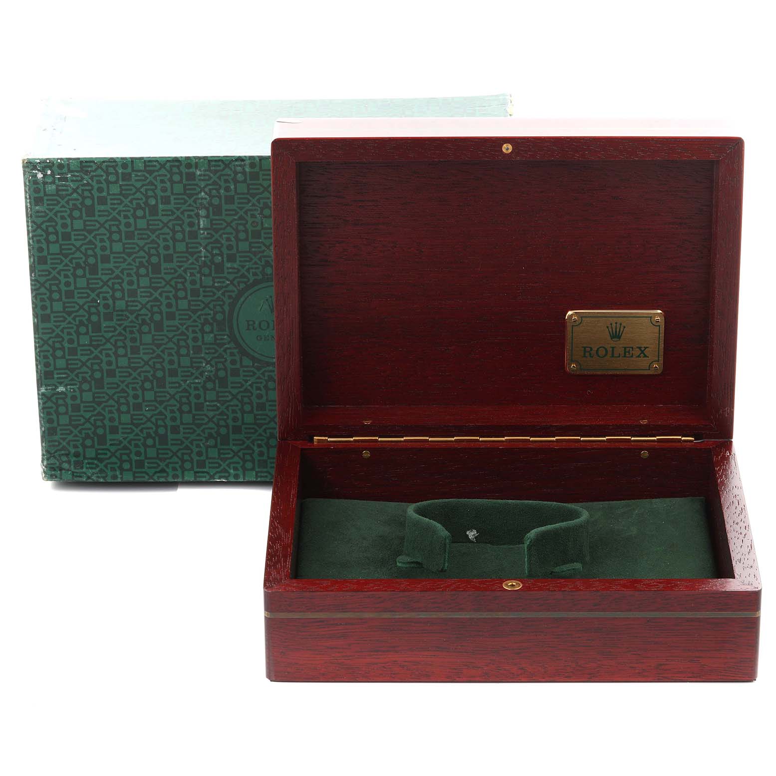 The image shows the open wooden box of a Rolex Yacht-Master 16628 Men
s Yellow Gold White Dial 16628 Men
s Yellow Gold White Dial watch, including its green cushion and outer packaging.