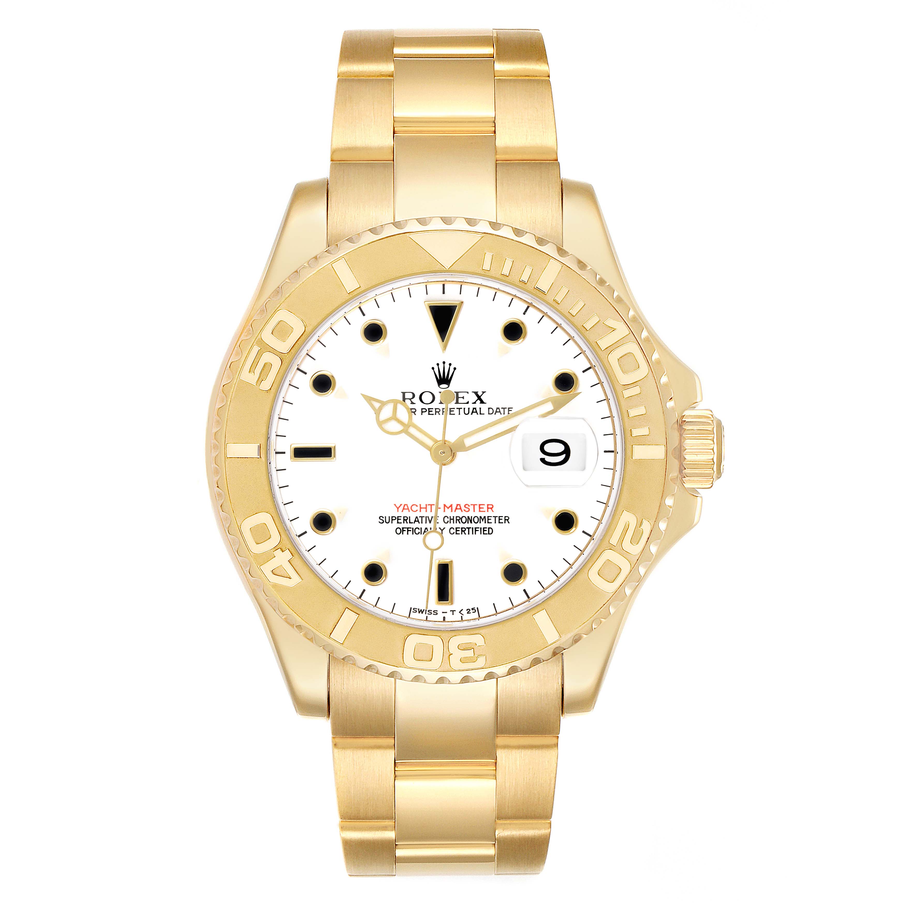 The Rolex Yacht-Master 16628 Men
s Yellow Gold White Dial 16628 Men
s Yellow Gold White Dial watch is shown from the front, highlighting the dial, bezel, and bracelet.