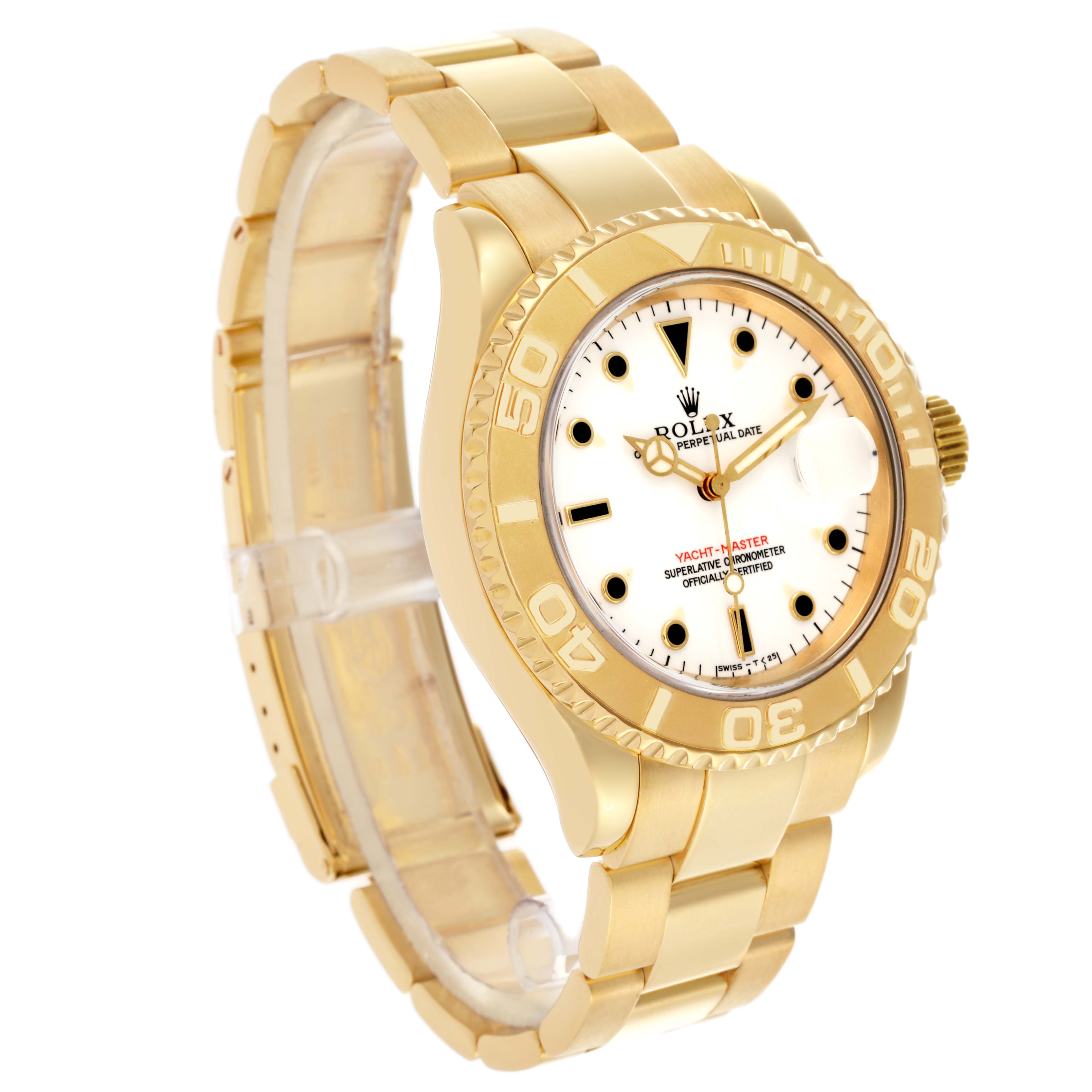 The Rolex Yacht-Master 16628 Men
s Yellow Gold White Dial 16628 Men
s Yellow Gold White Dial watch is shown at a three-quarter angle, highlighting the bezel, dial, and bracelet.