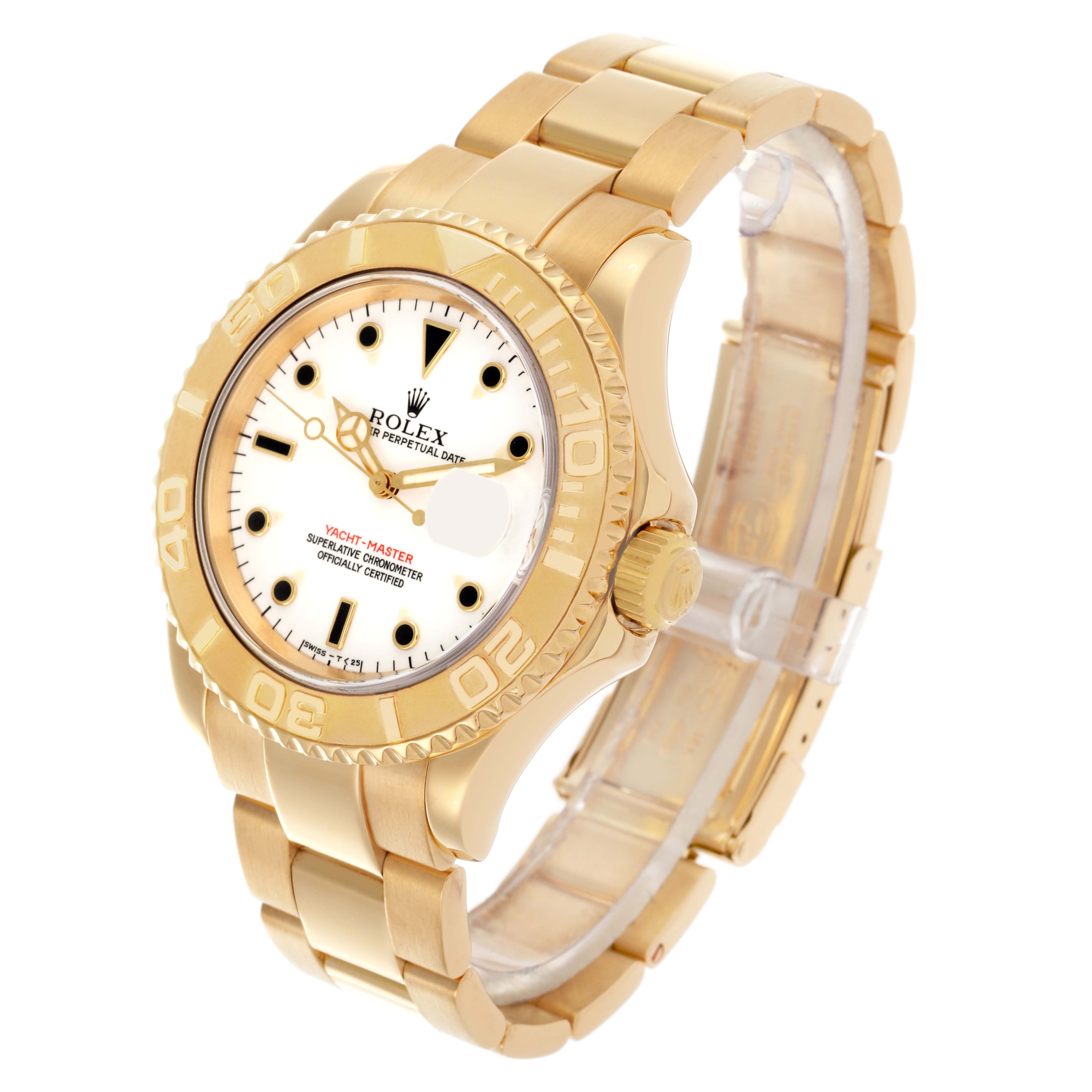 The Rolex Yacht-Master 16628 Men
s Yellow Gold White Dial 16628 Men
s Yellow Gold White Dial watch is shown from an angled side view, displaying the face, bezel, crown, and bracelet.