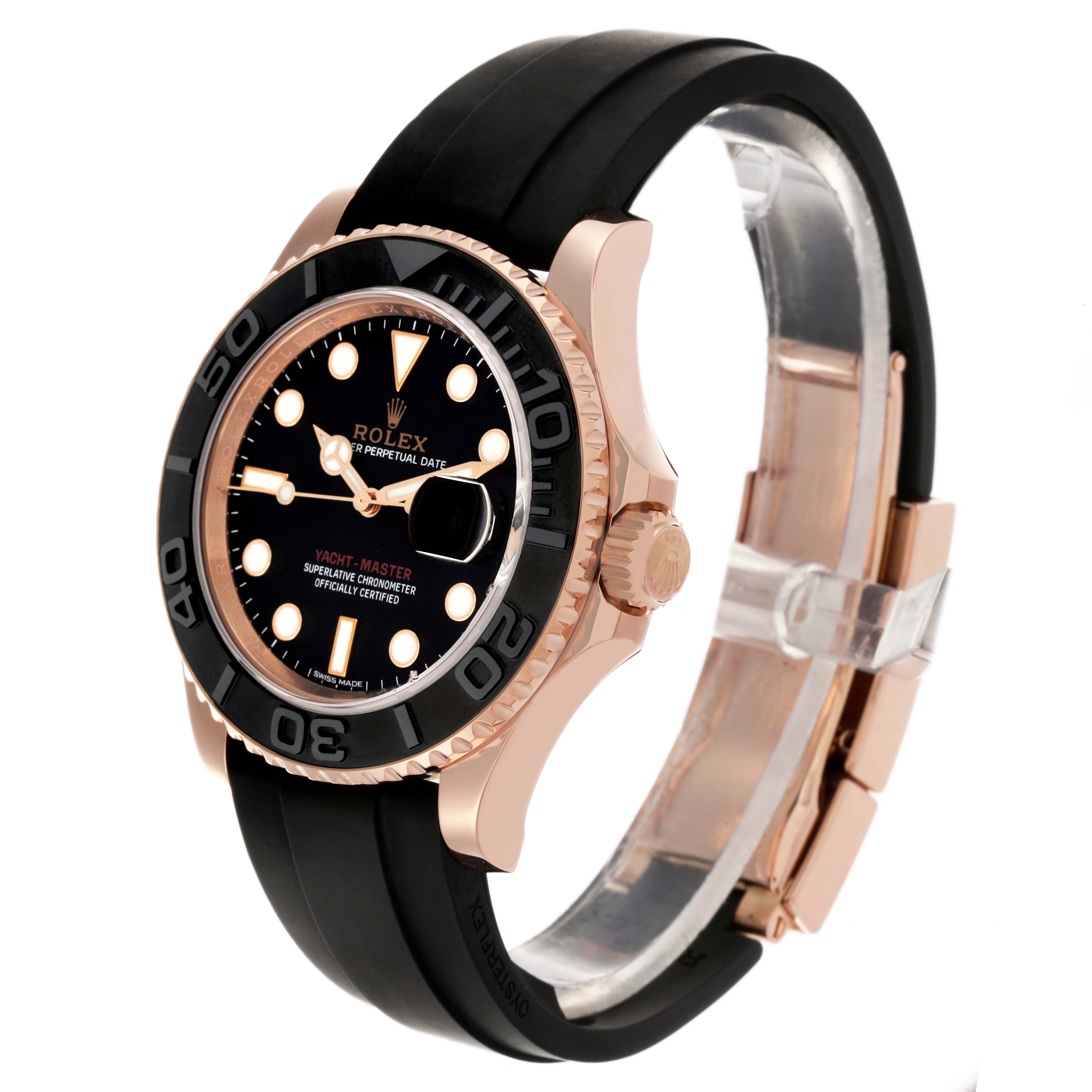 The image shows a side angle of the Rolex Yacht-Master 116655 Men's Rose Gold Black Dial 116655 Men's Rose Gold Black Dial watch, highlighting its bezel, face, crown, and strap.