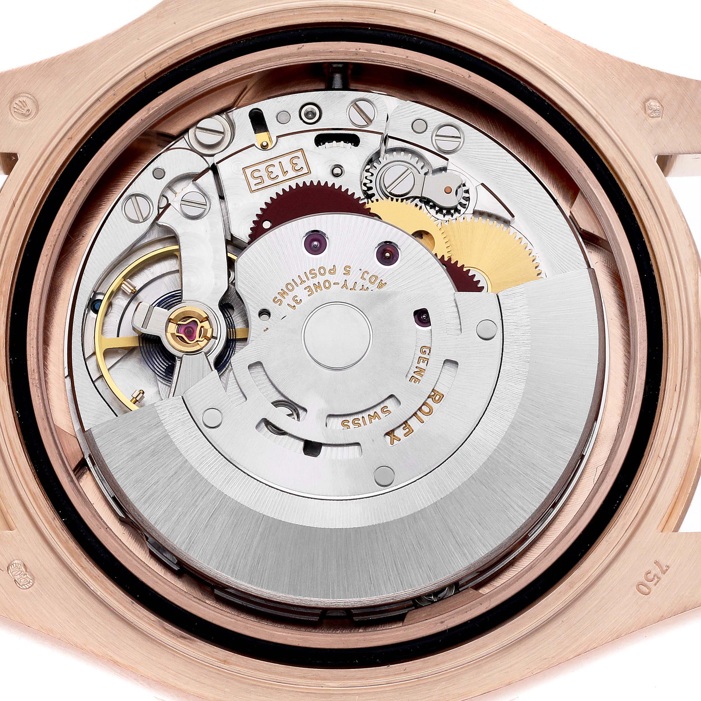 The image shows the open case back of a Rolex Yacht-Master 116655 Men's Rose Gold Black Dial 116655 Men's Rose Gold Black Dial, displaying its intricate movement parts.
