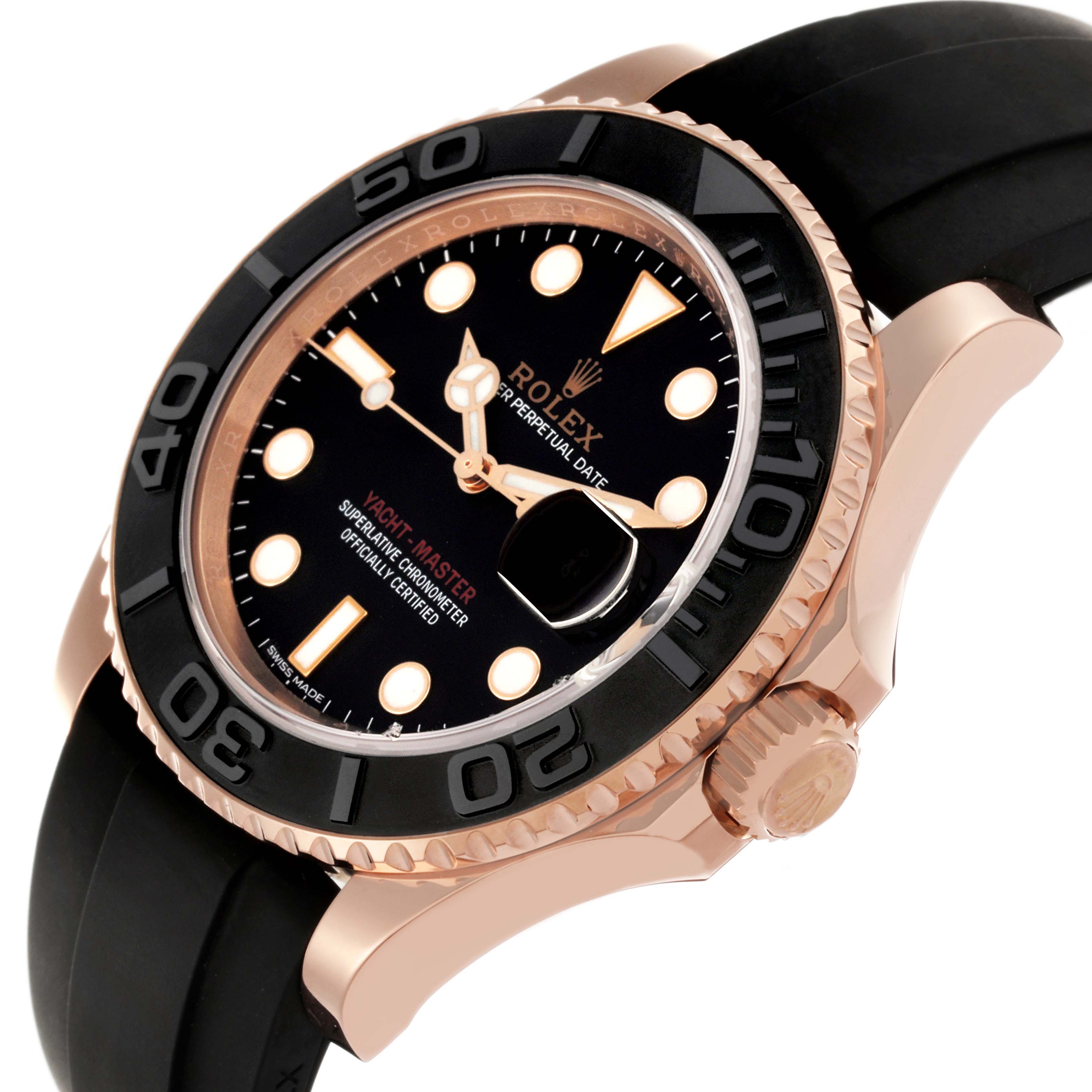 The Rolex Yacht-Master 116655 Men's Rose Gold Black Dial 116655 Men's Rose Gold Black Dial watch is shown at a slight angle, highlighting the bezel, dial, crown, and strap.