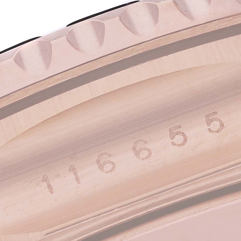 The image shows a close-up of the bezel and case edge of a Rolex Yacht-Master 116655 Men's Rose Gold Black Dial 116655 Men's Rose Gold Black Dial watch, highlighting the model number.