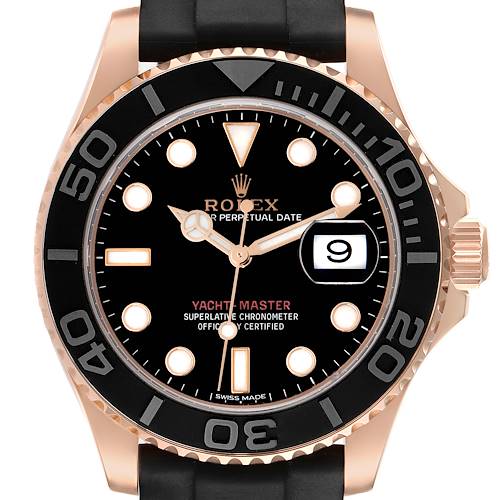 The image shows the Rolex Yacht-Master watch's face from a front angle, highlighting the bezel, dial, and date feature.