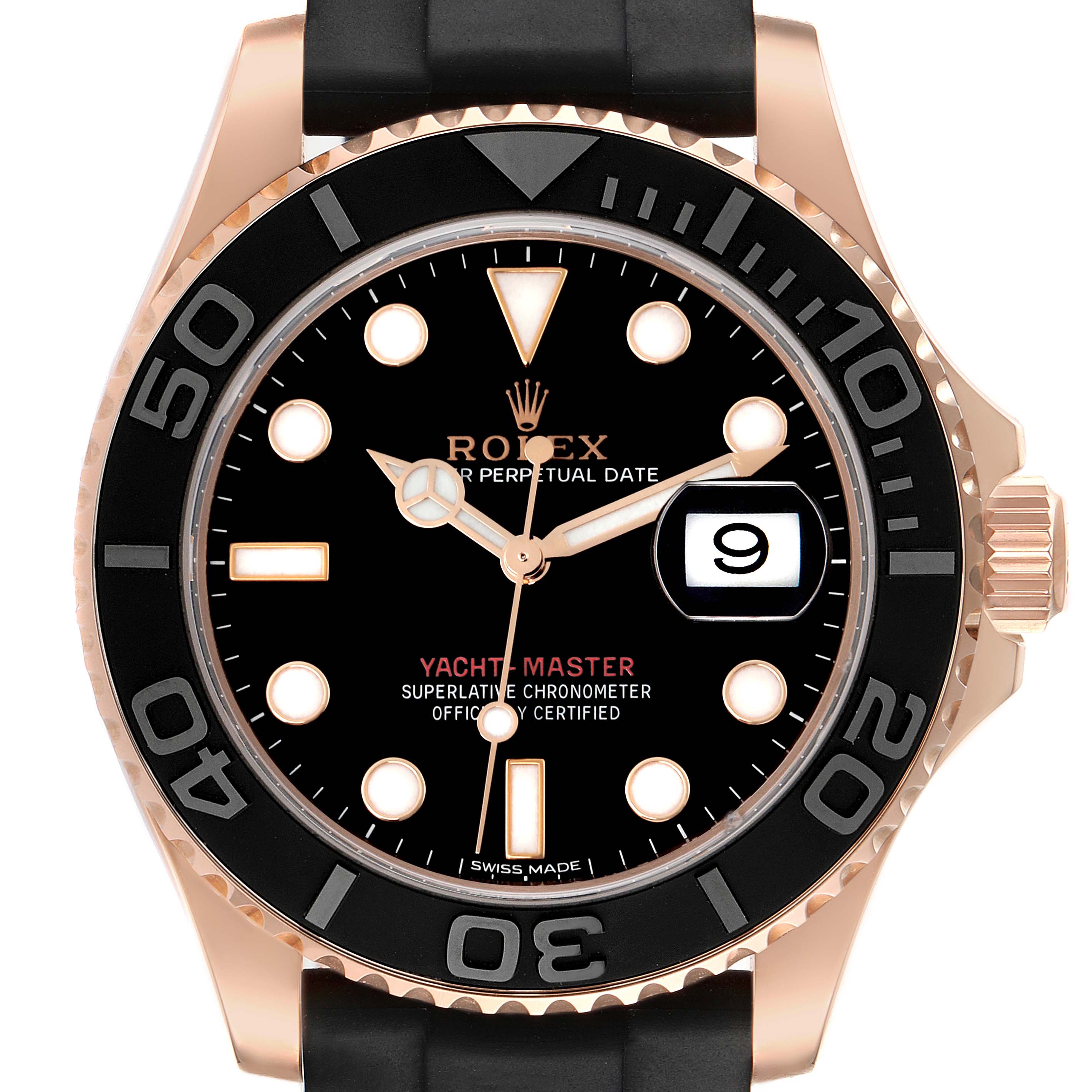 The Rolex Yacht-Master 116655 Men's Rose Gold Black Dial 116655 Men's Rose Gold Black Dial watch is shown from the front, highlighting the dial, bezel, and part of the strap.