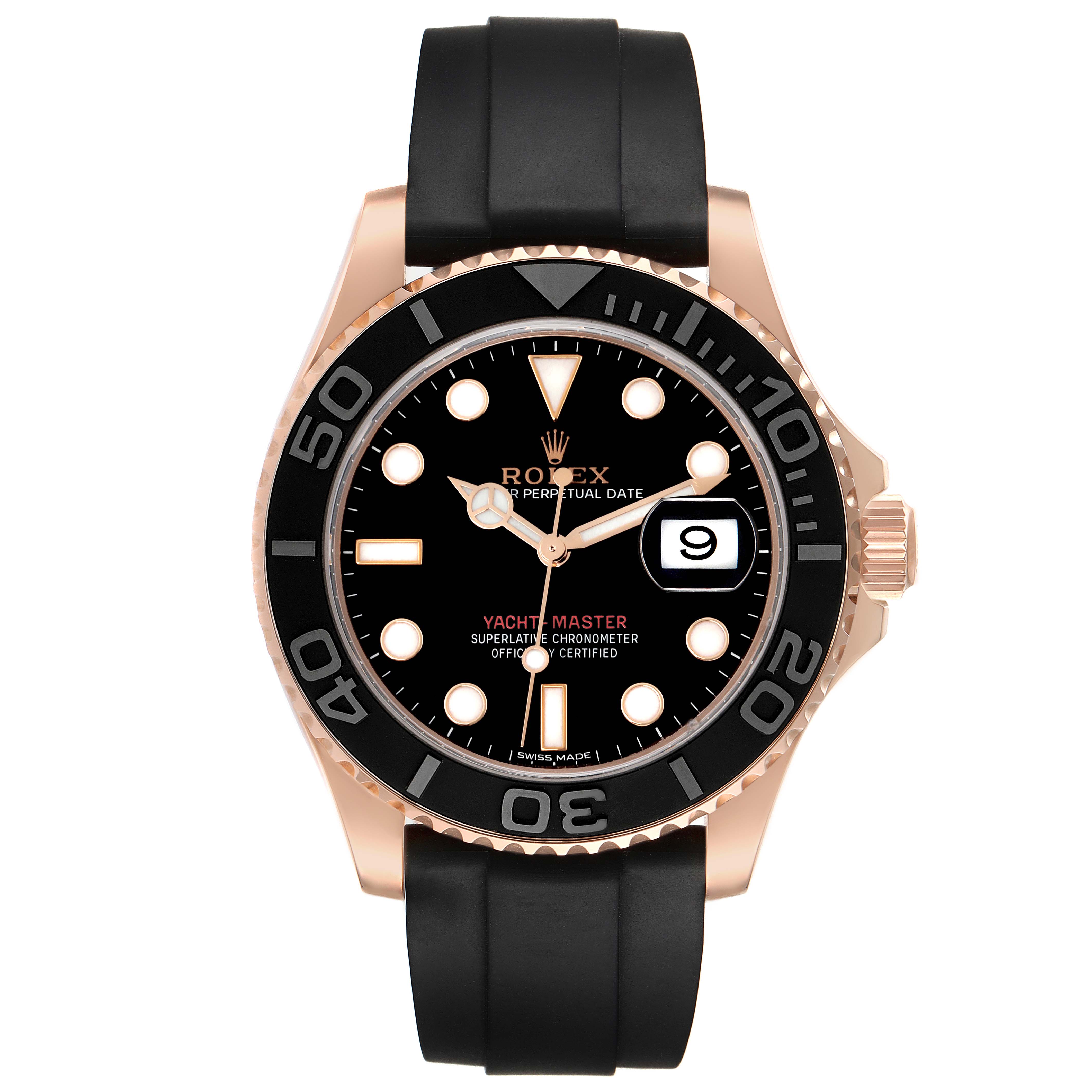 The Rolex Yacht-Master 116655 Men's Rose Gold Black Dial 116655 Men's Rose Gold Black Dial watch is shown from a direct front angle, highlighting the face, bezel, and strap.