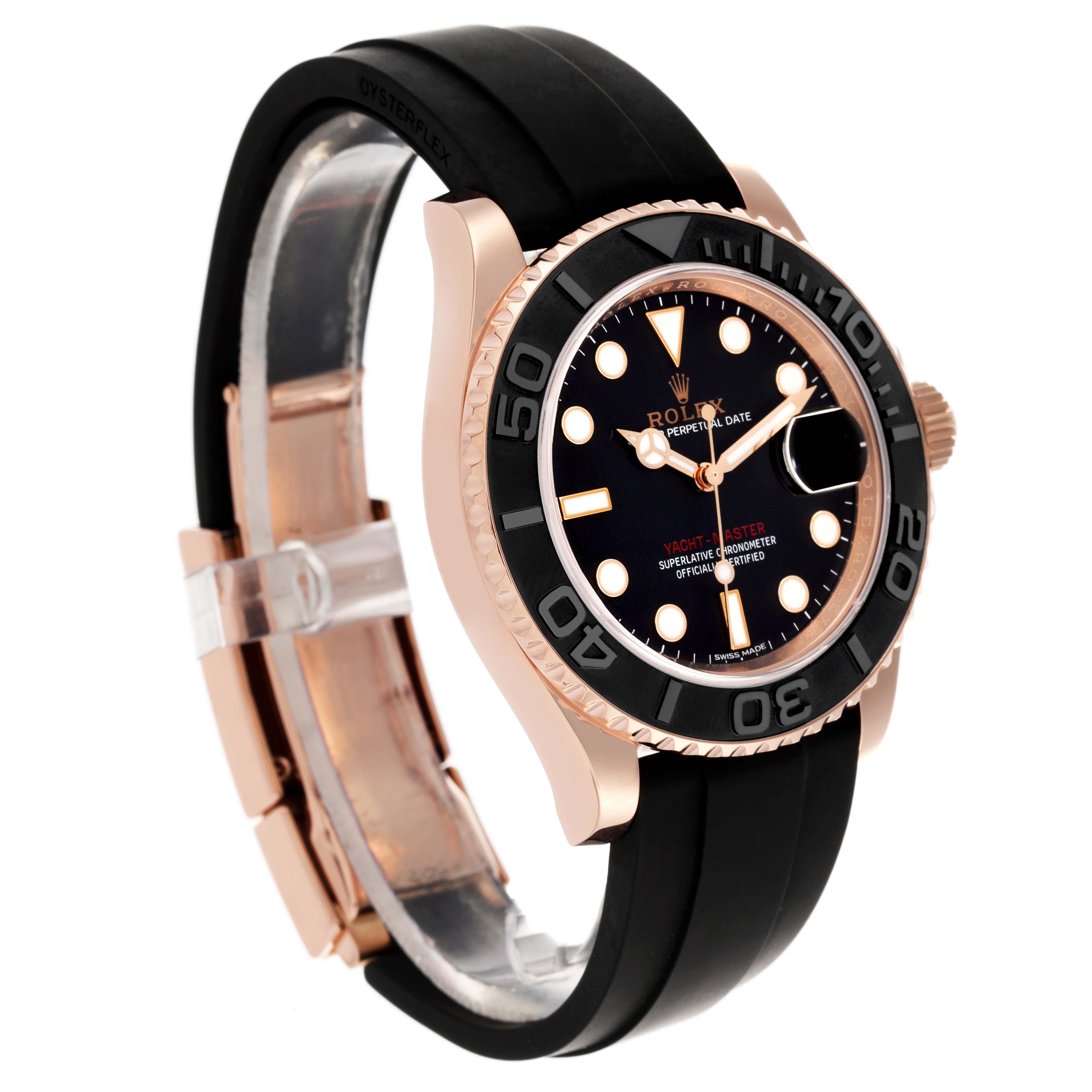 The Rolex Yacht-Master 116655 Men's Rose Gold Black Dial 116655 Men's Rose Gold Black Dial is shown in a side angle, highlighting the dial, bezel, strap, and crown.