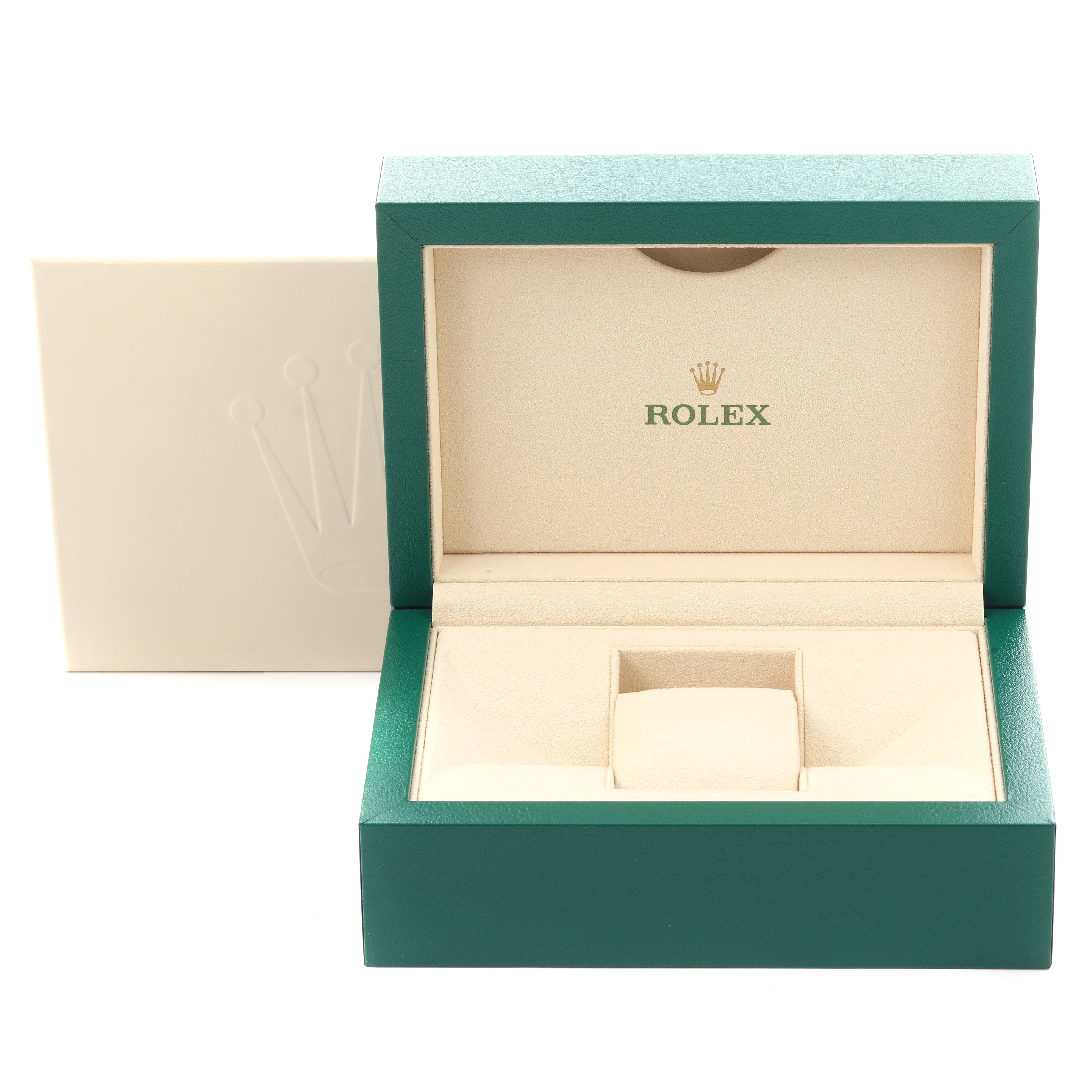 The image shows an open green and beige Rolex watch box for the Yacht-Master model, angled from the front.