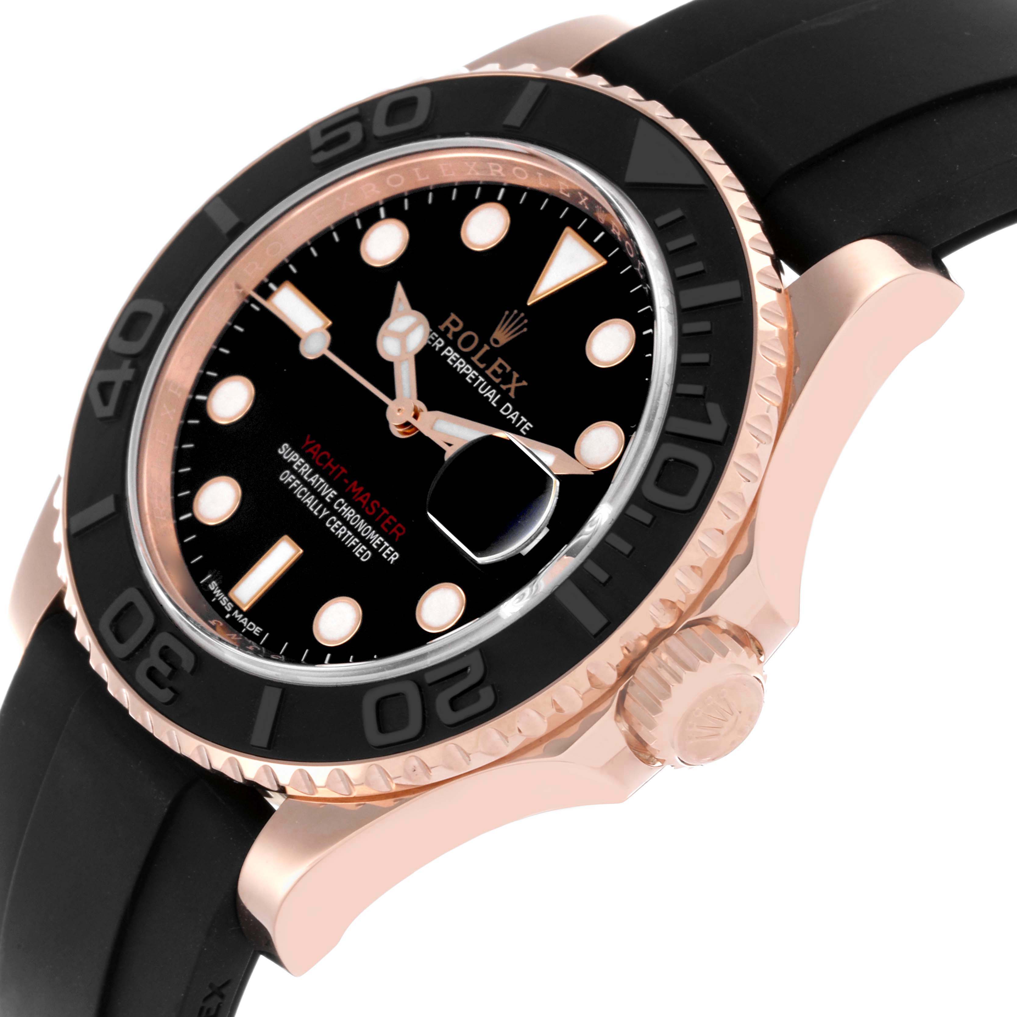 The Rolex Yacht-Master 116655 Men's Rose Gold Black Dial 116655 Men's Rose Gold Black Dial watch is shown at an angle highlighting the bezel, crown, and part of the strap.
