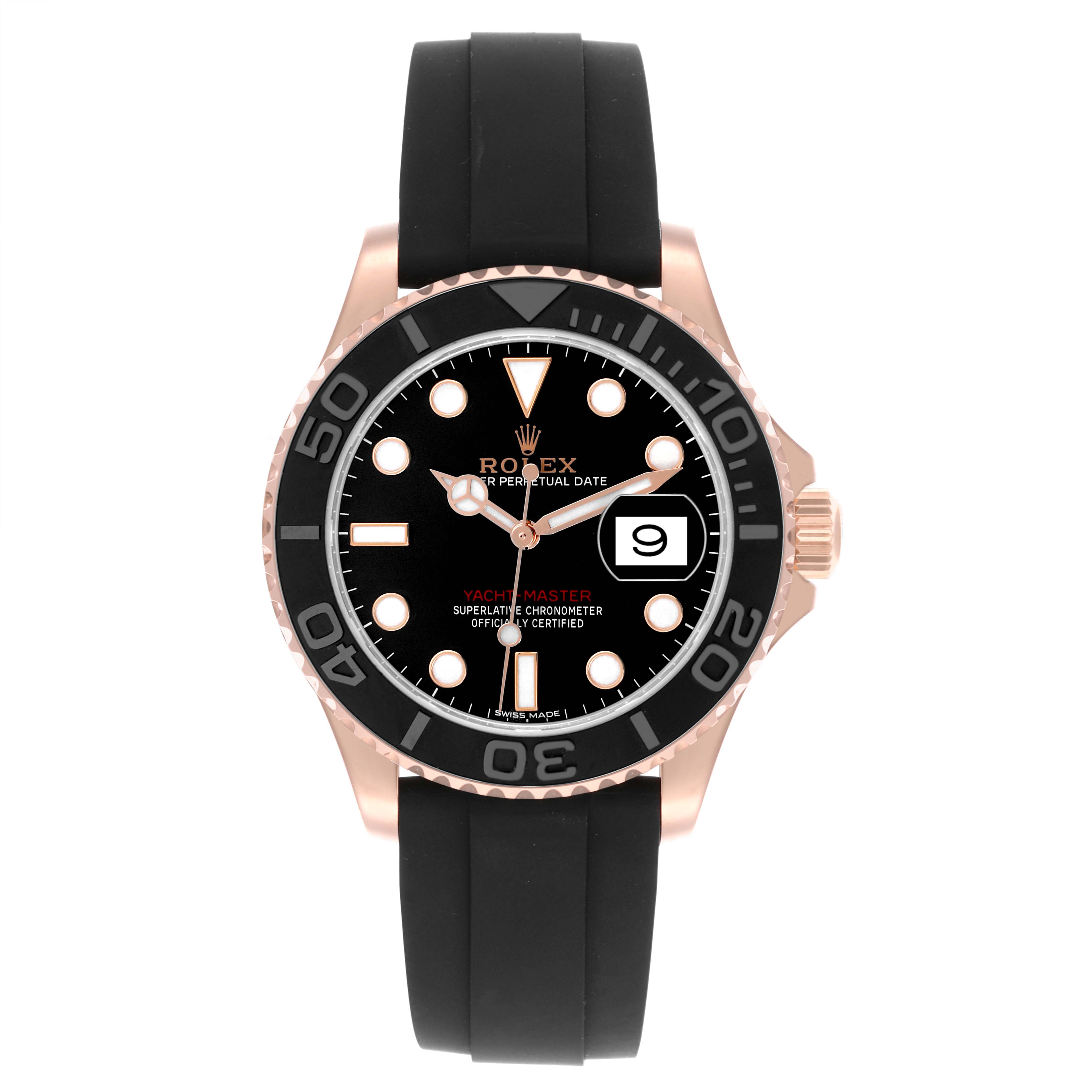The Rolex Yacht-Master 116655 Men's Rose Gold Black Dial 116655 Men's Rose Gold Black Dial watch is shown from a straight-on angle, displaying its face, bezel, hands, markers, and rubber strap.