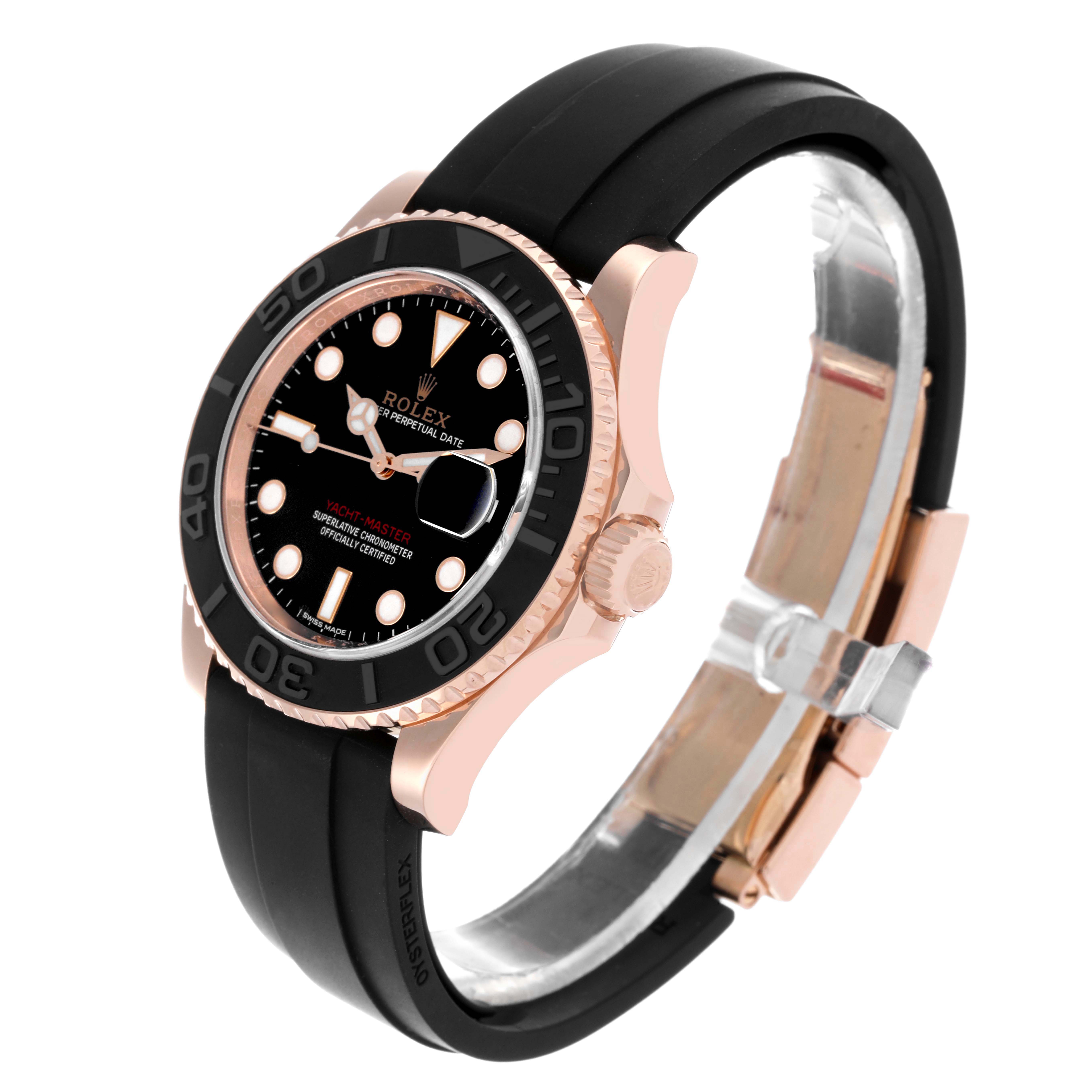 The Rolex Yacht-Master 116655 Men's Rose Gold Black Dial 116655 Men's Rose Gold Black Dial watch is shown from an angled side view, highlighting its black bezel, dial, and rubber strap.