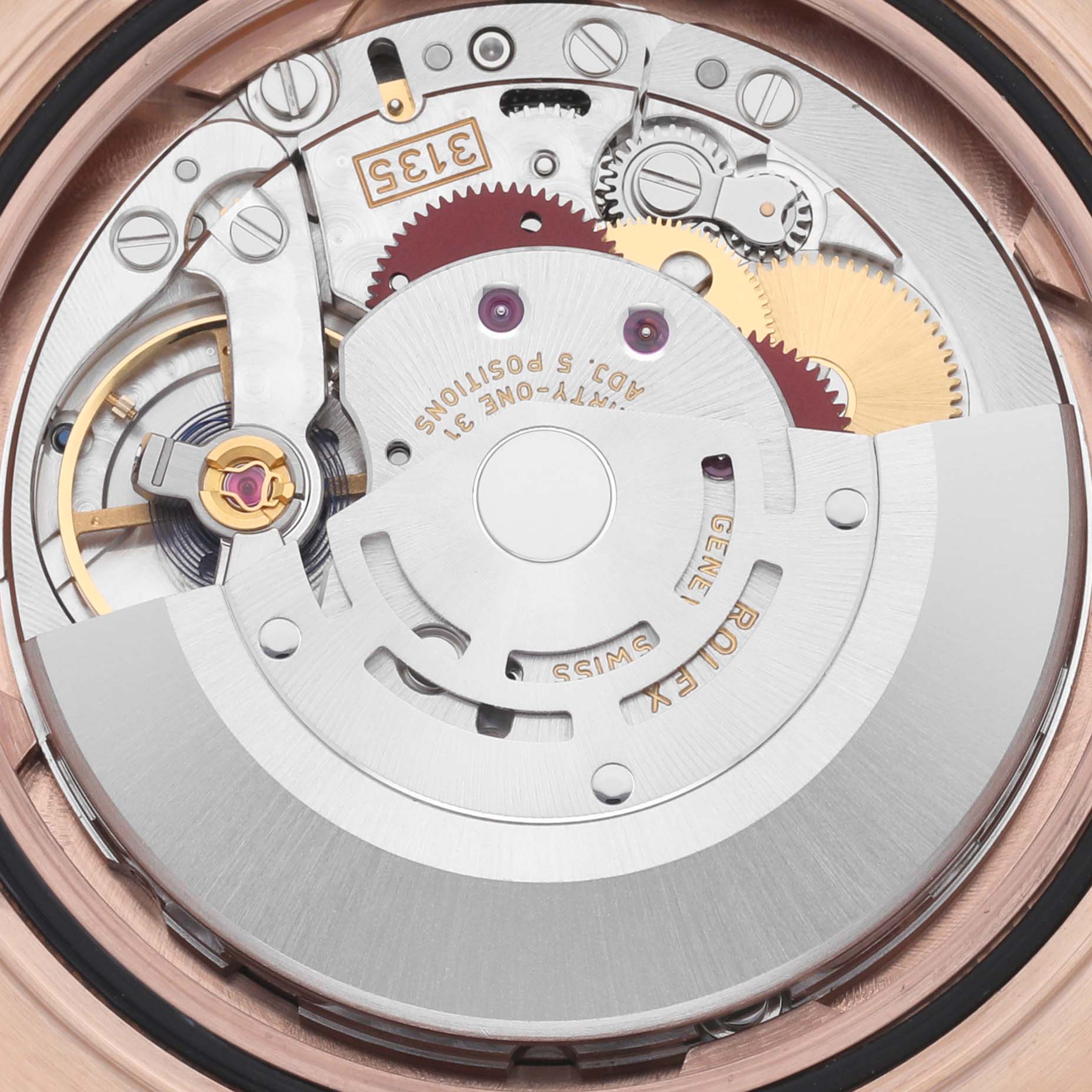 The image shows a close-up of the movement of a Rolex Yacht-Master 116655 Men's Rose Gold Black Dial 116655 Men's Rose Gold Black Dial watch, focusing on the intricate gears and components.