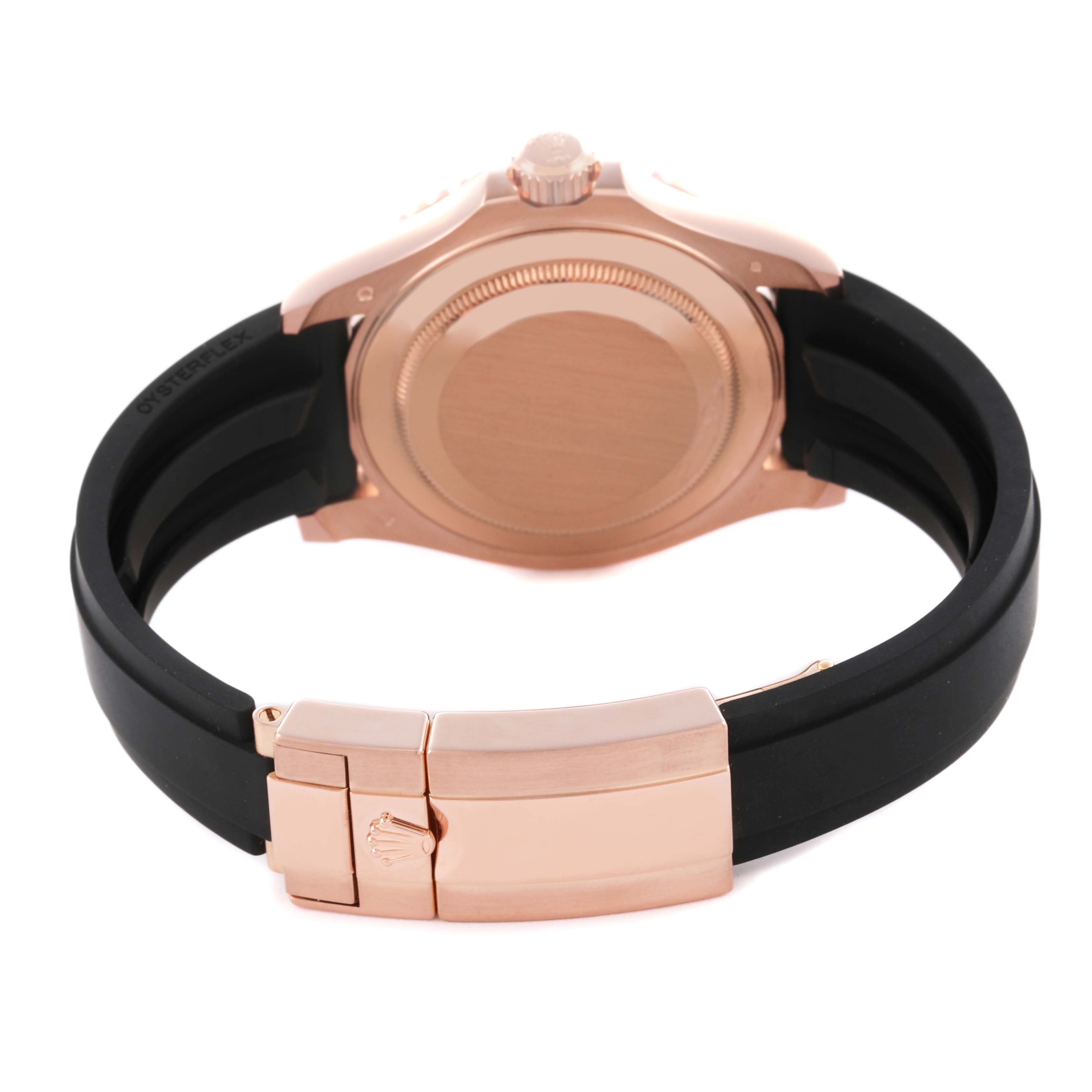 The Rolex Yacht-Master 116655 Men's Rose Gold Black Dial 116655 Men's Rose Gold Black Dial is shown from the back, highlighting the case back and clasp.