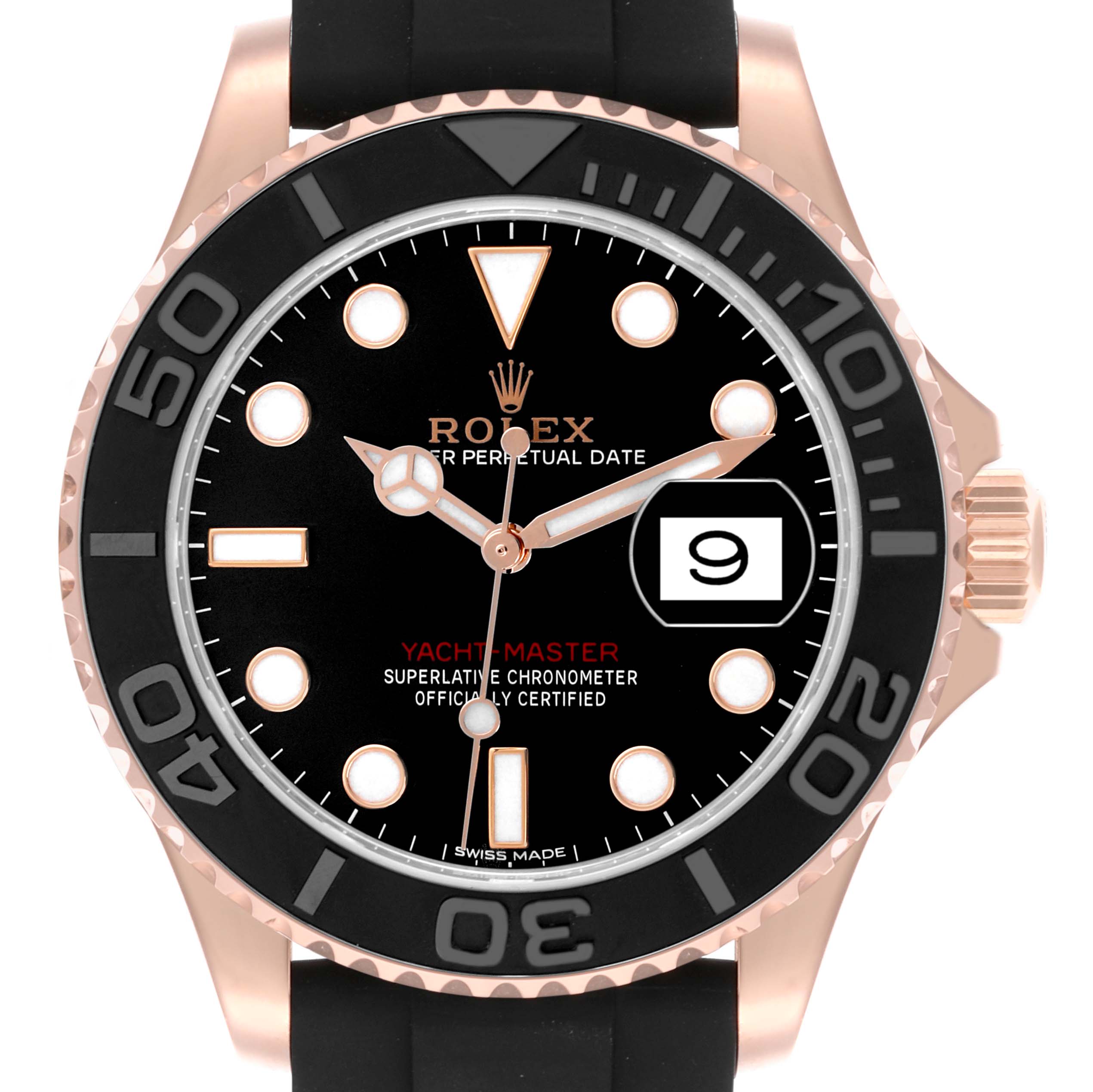 The Rolex Yacht-Master 116655 Men's Rose Gold Black Dial 116655 Men's Rose Gold Black Dial watch is shown from the front, highlighting the face, bezel, crown, and rubber strap.