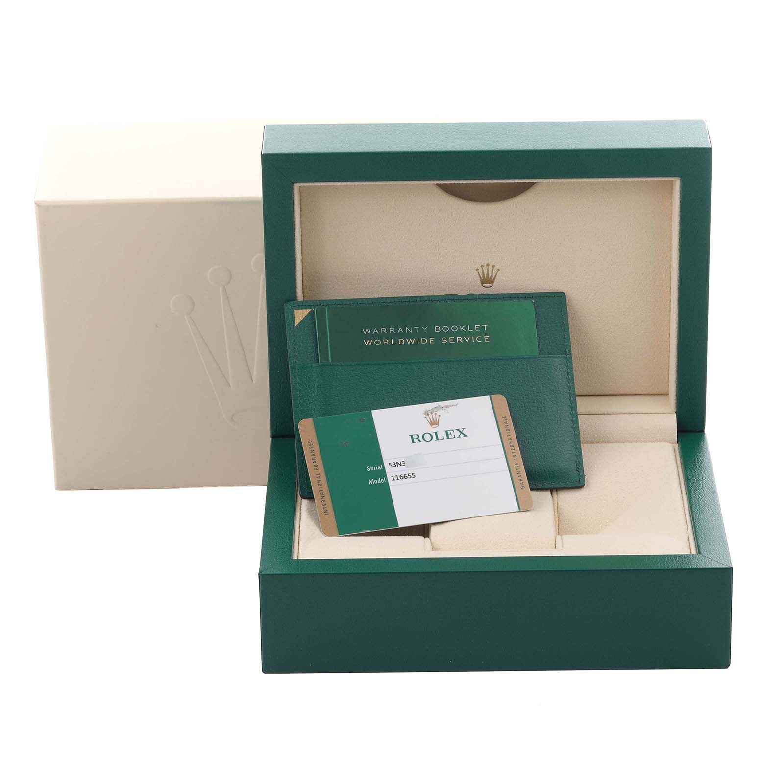 The image shows the packaging for a Rolex Yacht-Master 116655 Men's Rose Gold Black Dial 116655 Men's Rose Gold Black Dial, including the box, warranty card, and booklet.