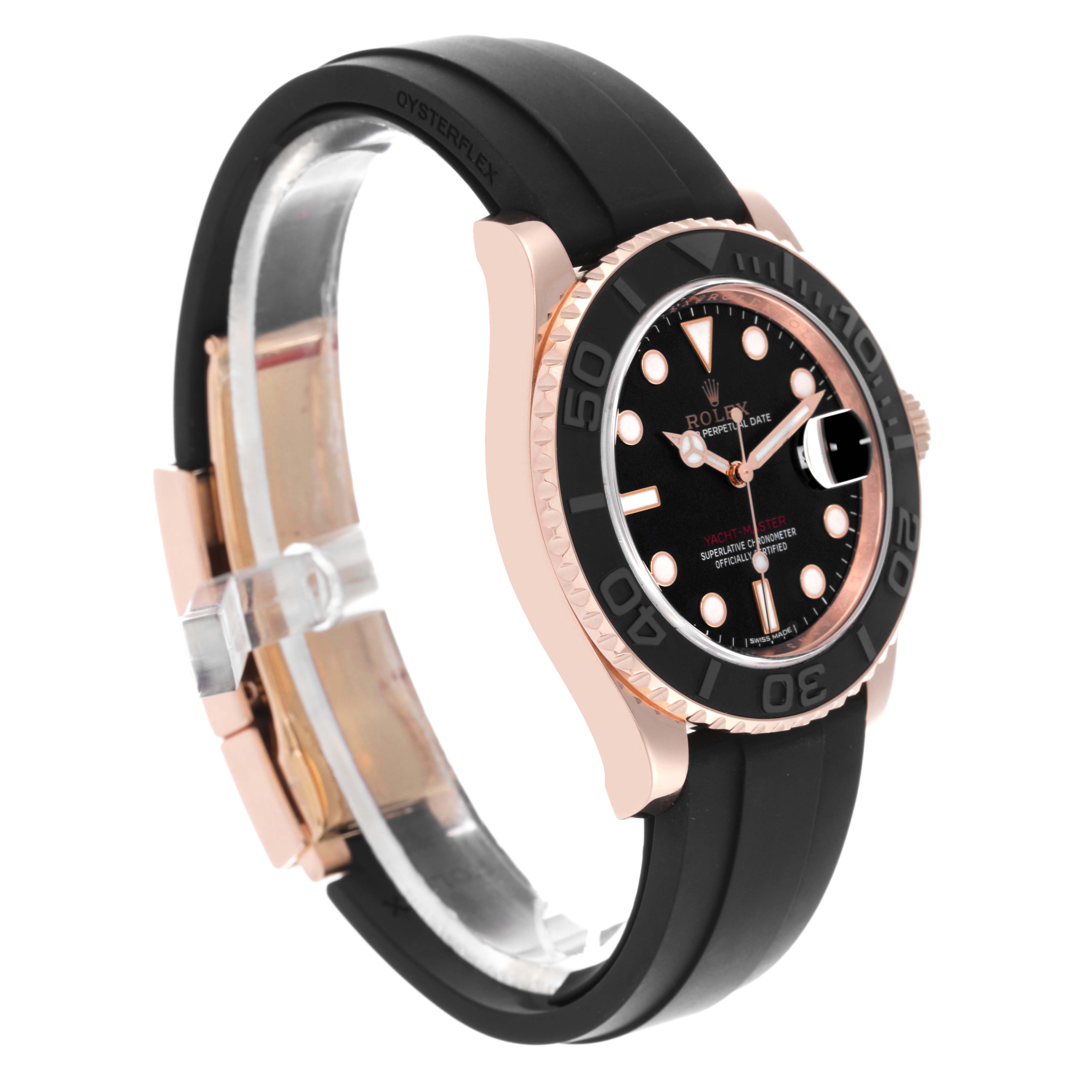 The Rolex Yacht-Master 116655 Men's Rose Gold Black Dial 116655 Men's Rose Gold Black Dial watch is shown at an angle highlighting the face, bezel, and black Oysterflex strap.