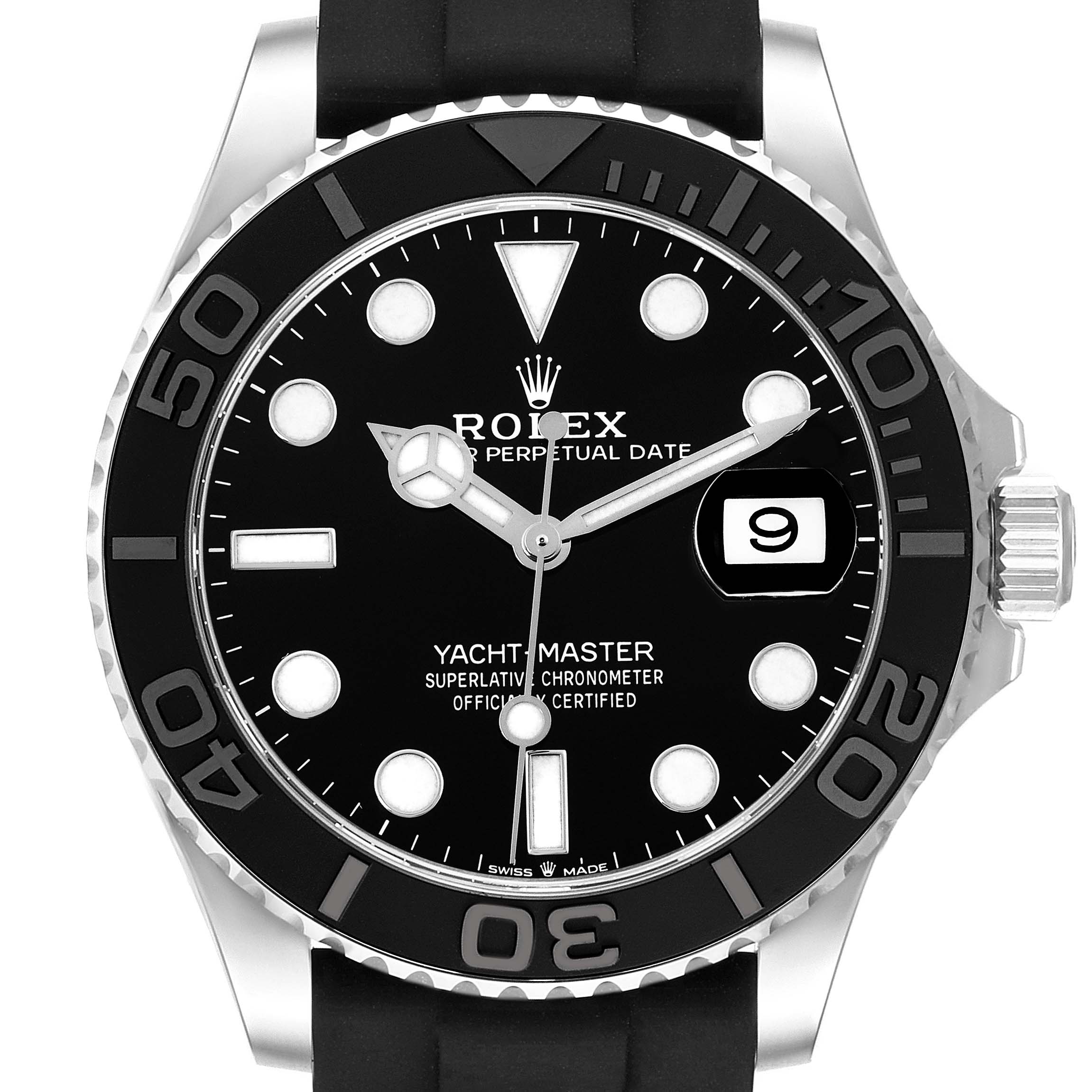 The Rolex Yacht-Master 226659 Men's White Gold Black Dial 226659 Men's White Gold Black Dial watch is shown from the front, displaying the face, bezel, crown, and part of the strap.