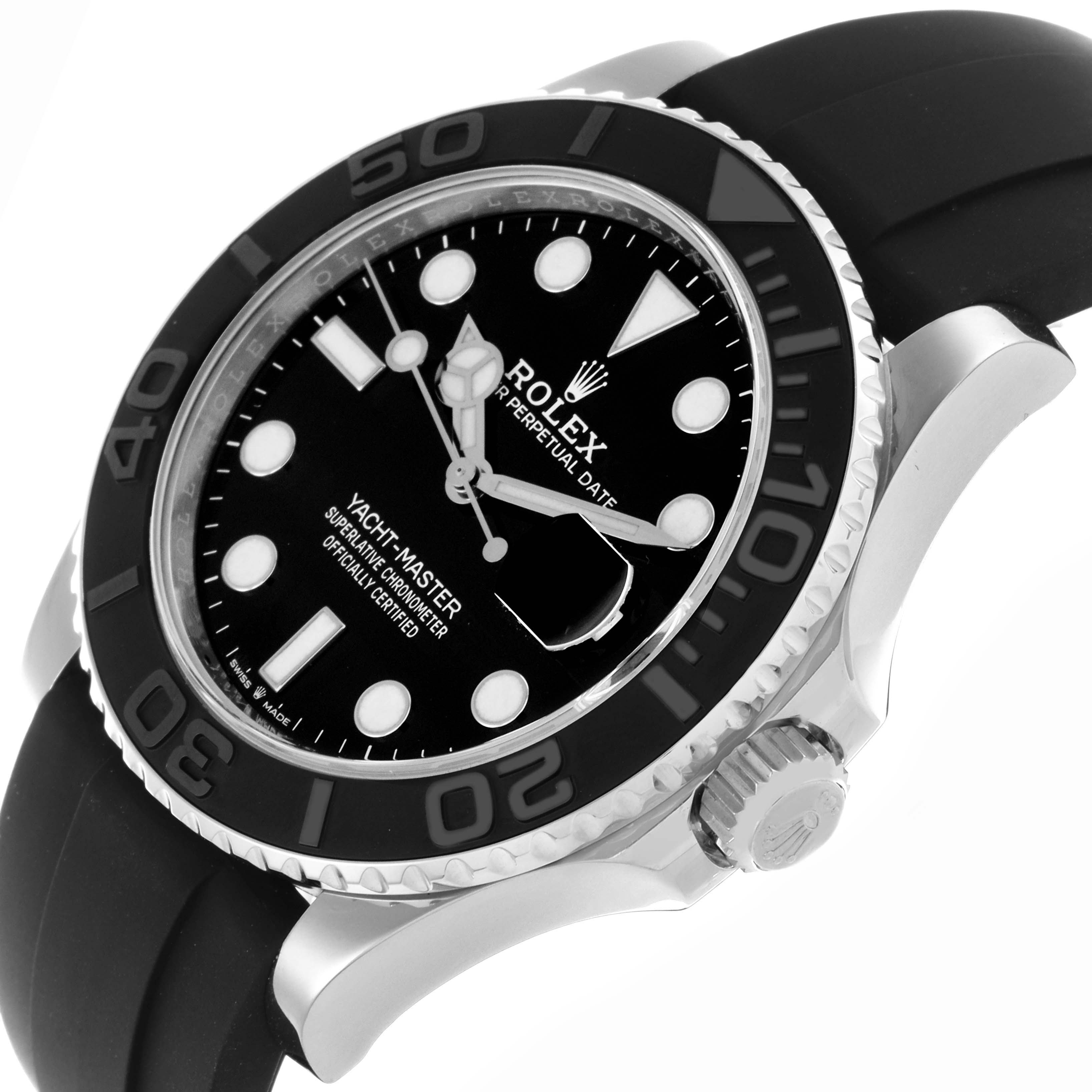 The Rolex Yacht-Master 226659 Men's White Gold Black Dial 226659 Men's White Gold Black Dial watch is shown at an angled top view, highlighting the bezel, dial, and crown.