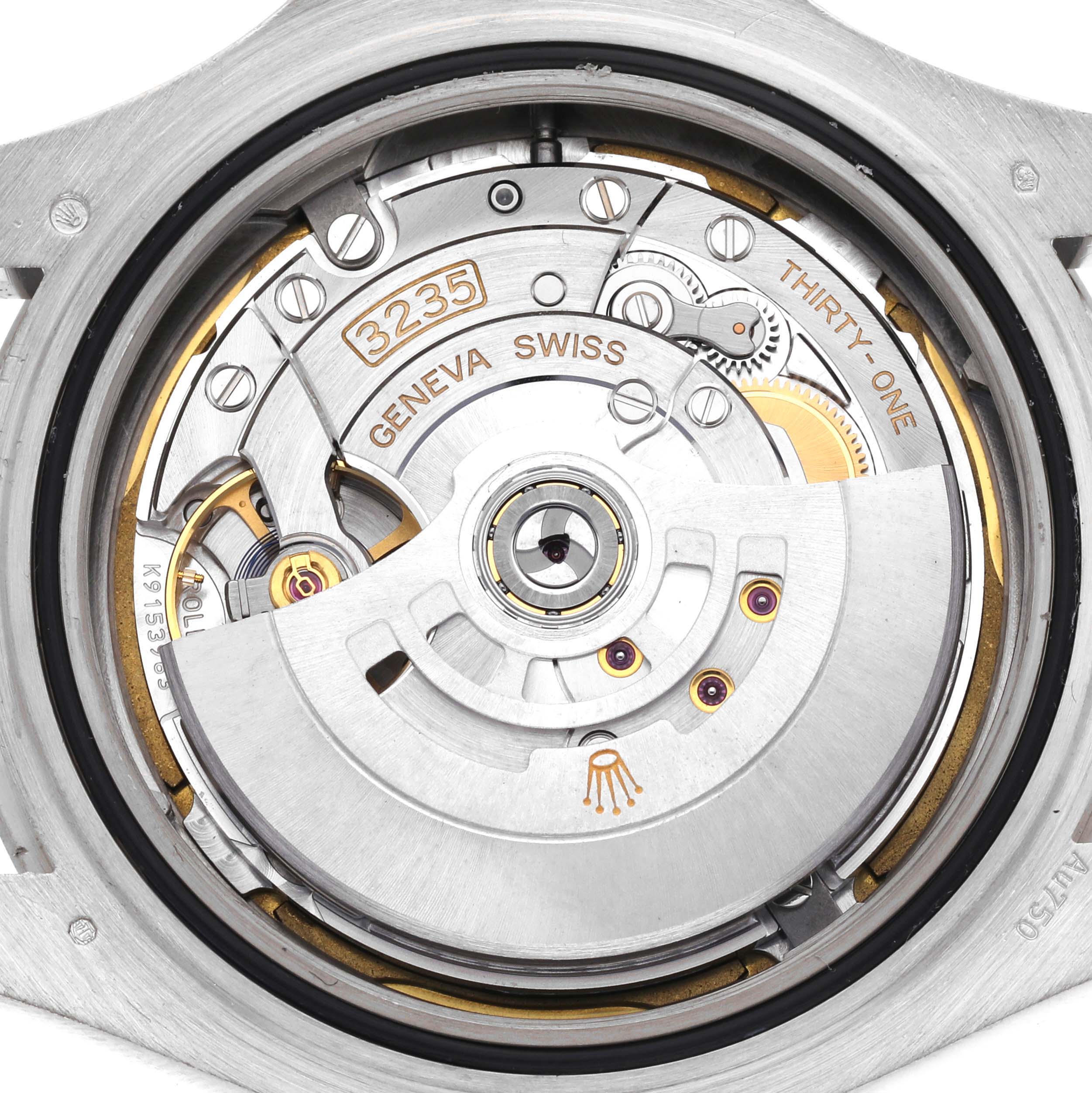 The image shows the Rolex Yacht-Master 226659 Men's White Gold Black Dial 226659 Men's White Gold Black Dial's internal movement mechanisms from a top-down angle.