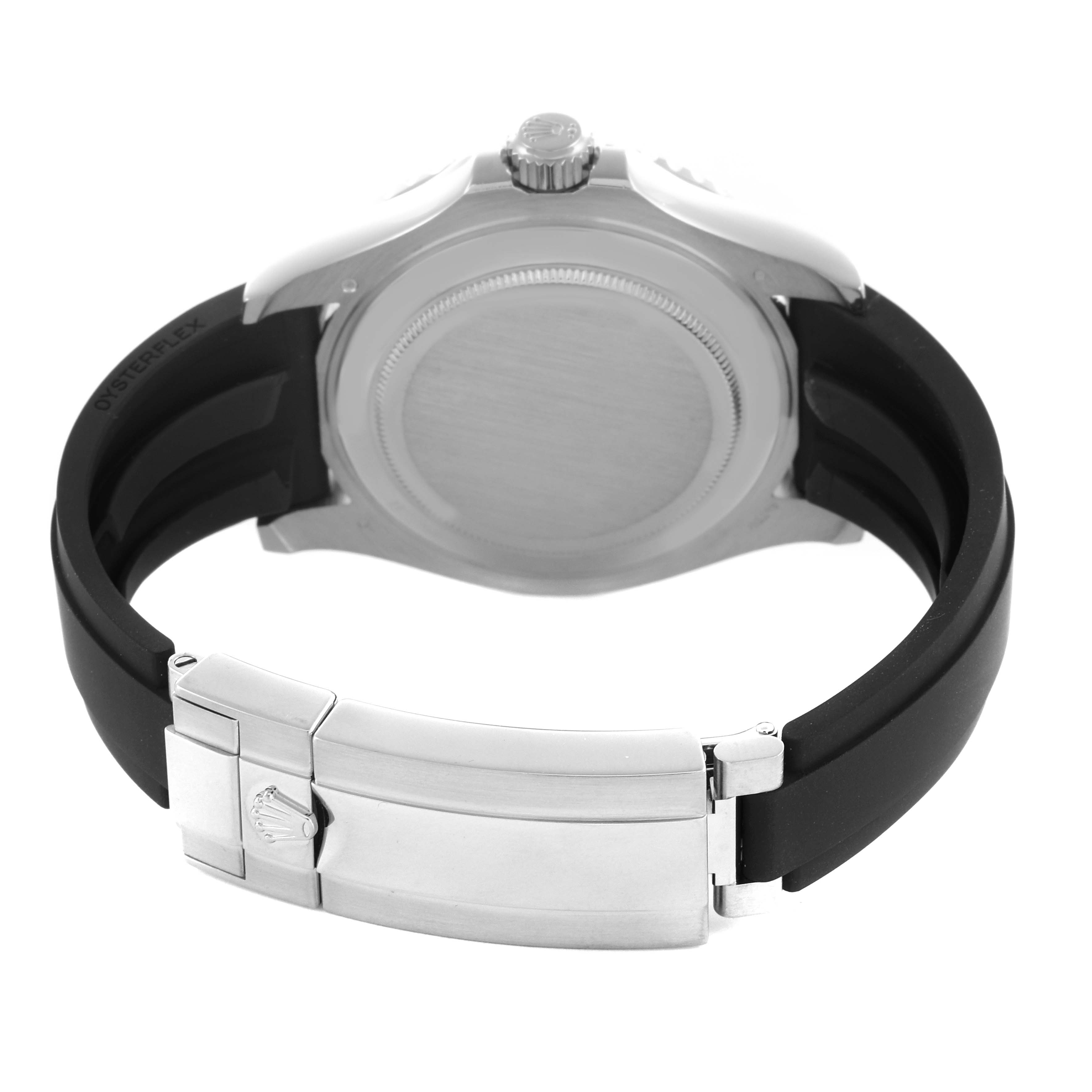 The image shows the back and clasp of a Rolex Yacht-Master 226659 Men's White Gold Black Dial 226659 Men's White Gold Black Dial watch, featuring a metal case and black rubber strap.